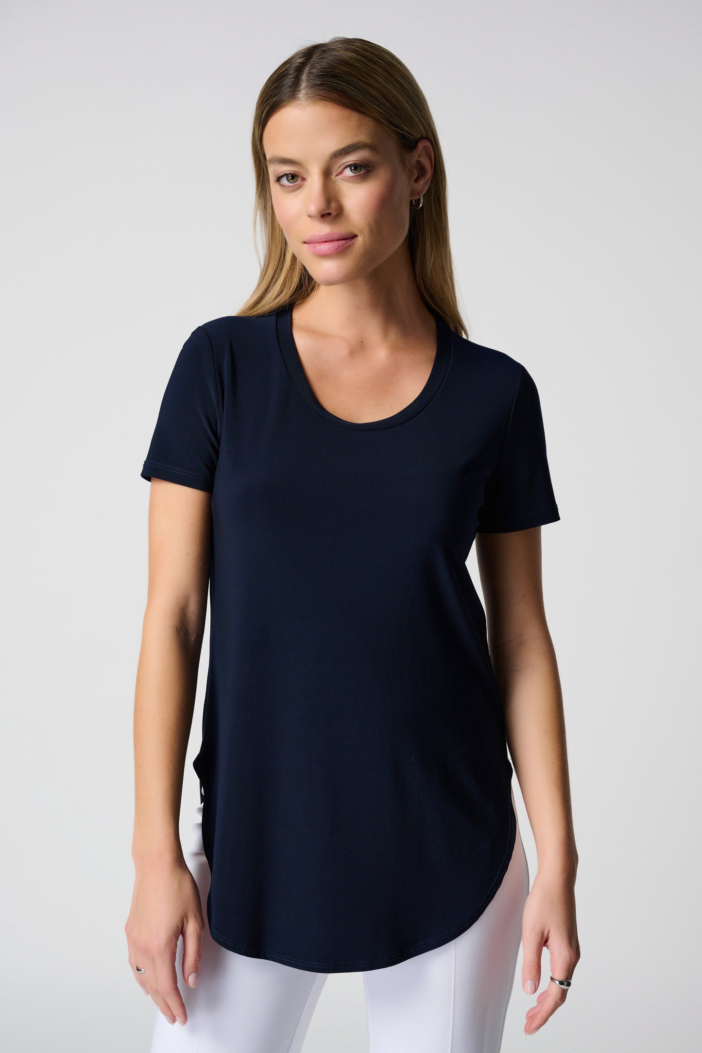 Pearls Boutique Port Dover Ontario - Joseph Ribkoff Essential Tee Shirt . The Perfect T Shirt. Wear On Its Own, Or As A Layering Piece. Light Weight classic Ribkoff Jersey Stretch Fabric. Crew Neckline Short Sleeves Shirt Style Hemline.