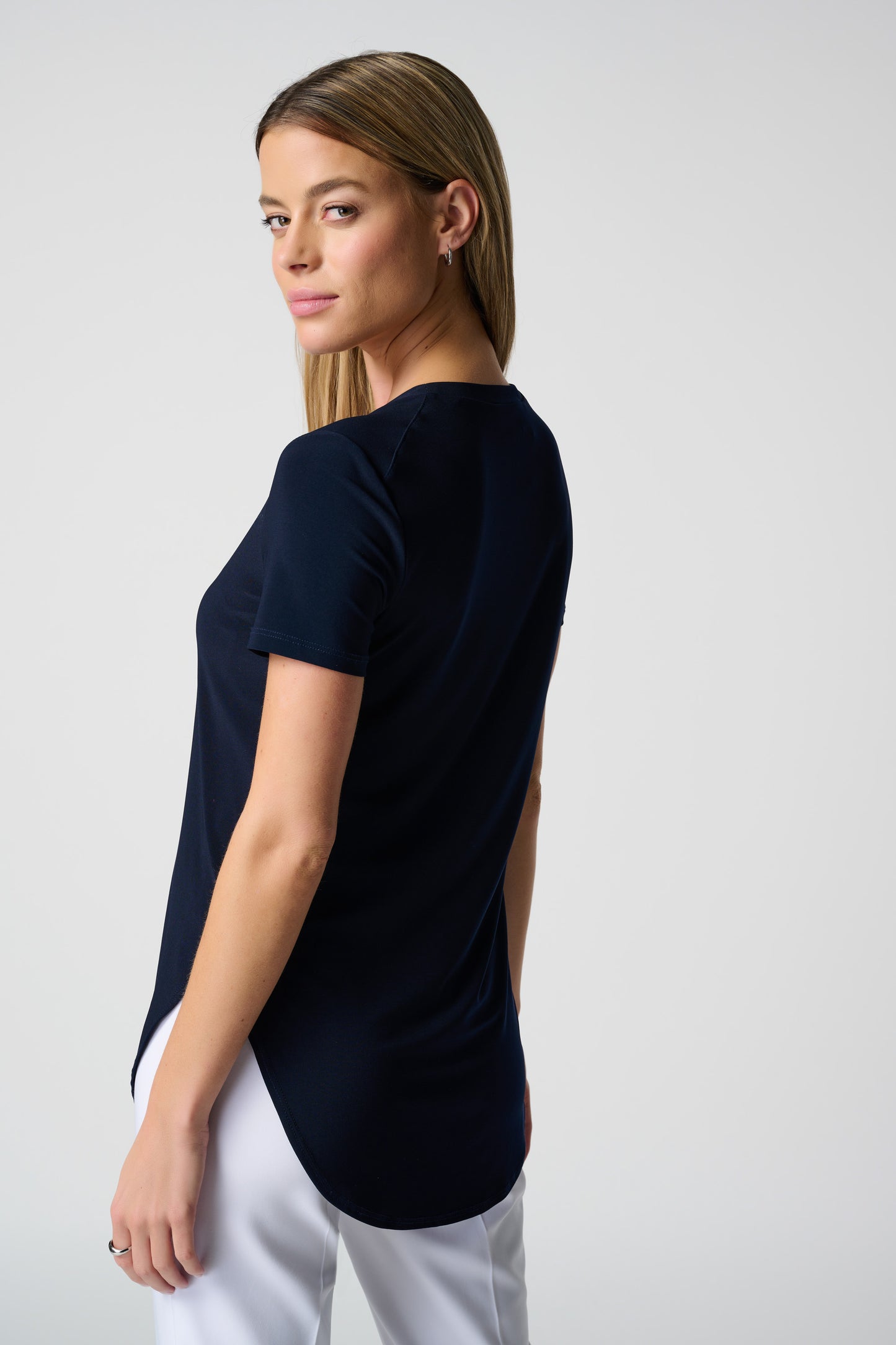 Pearls Boutique Port Dover Ontario - Joseph Ribkoff Essential Tee Shirt . The Perfect T Shirt. Wear On Its Own, Or As A Layering Piece. Light Weight classic Ribkoff Jersey Stretch Fabric. Crew Neckline Short Sleeves Shirt Style Hemline.