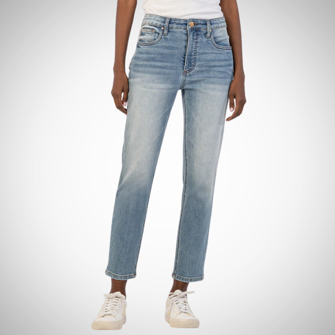 Pearls Boutique - Port Dover Ontario - KUT - High Rise Fab Ab Mom Jeans . Slightly flared and cropped to mimic '90s styles, these stretchy jeans feature Fab Ab front pockets that gently smooth and shape. Color: Variant Wash Fit: true to size, Stretch Denim High Rise Fabric: 94% Cotton, 5% Polyester, 1% Spandex. Light Denim Wash Coherently