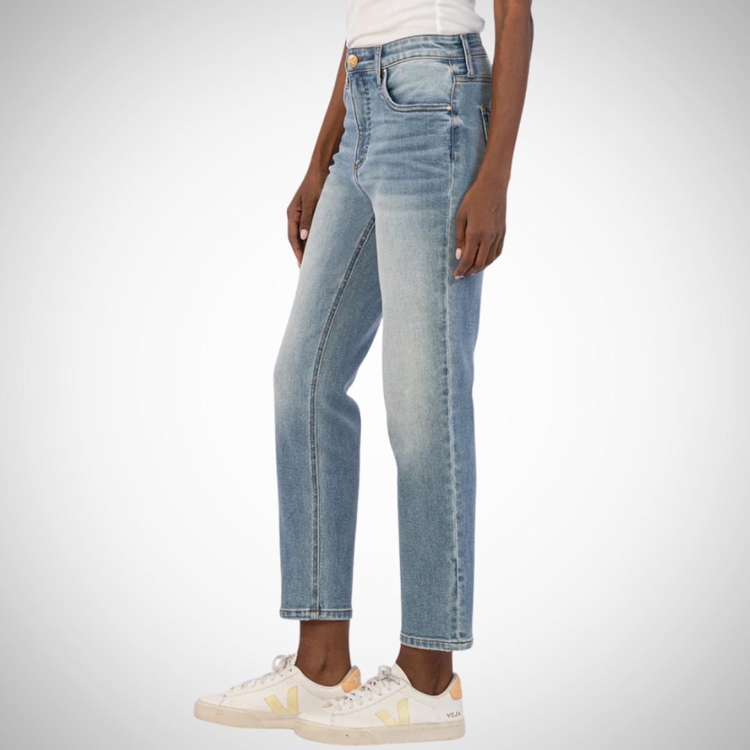Pearls Boutique - Port Dover Ontario - KUT - High Rise Fab Ab Mom Jeans . Slightly flared and cropped to mimic '90s styles, these stretchy jeans feature Fab Ab front pockets that gently smooth and shape. Color: Variant Wash Fit: true to size, Stretch Denim High Rise Fabric: 94% Cotton, 5% Polyester, 1% Spandex. Light Denim Wash Coherently