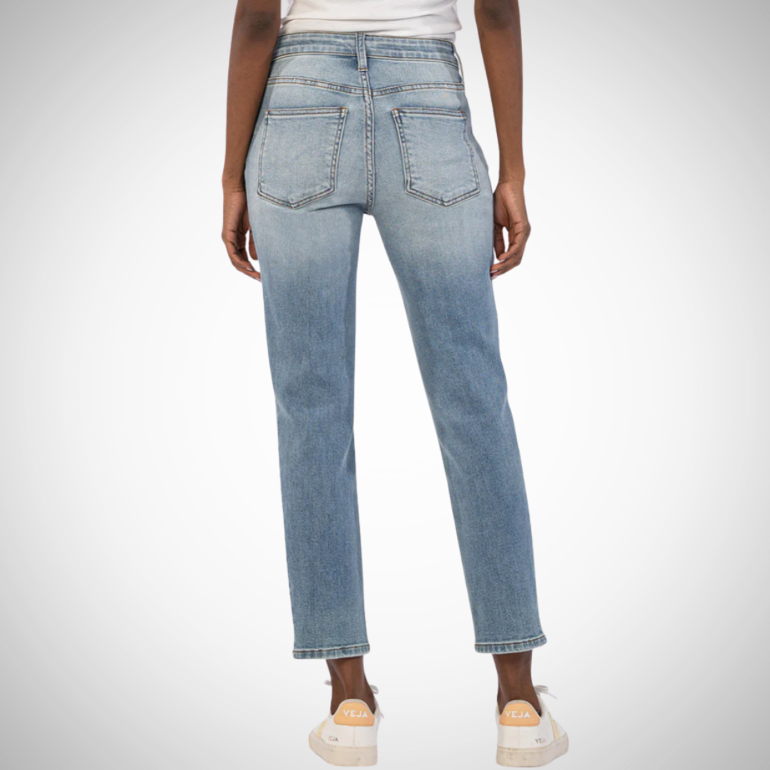 Pearls Boutique - Port Dover Ontario - KUT - High Rise Fab Ab Mom Jeans . Slightly flared and cropped to mimic '90s styles, these stretchy jeans feature Fab Ab front pockets that gently smooth and shape. Color: Variant Wash Fit: true to size, Stretch Denim High Rise Fabric: 94% Cotton, 5% Polyester, 1% Spandex. Light Denim Wash Coherently