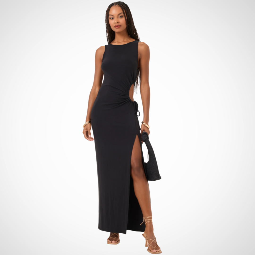 Pearls Boutique - Port Dover Ontario - Lspace - Tiana Dress - Colour Black. There's nothing better than a smoothing + comfy jersey dress. The Tiana is a fitted maxi with a boat neck + adjustable tie waist cut-out to show a little peek of skin. Fitted Maxi Dress Boat Neck Sleeveless Adjustable Tie Waist Cutout Size XS-XL 70% Modal 25% Poly 5% Spandex