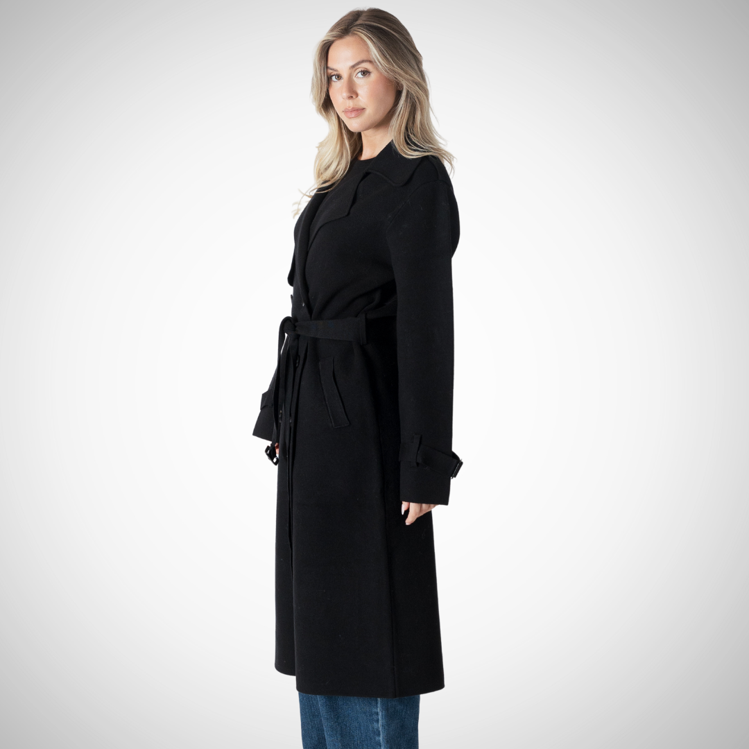 Fabric: 35% Viscose | 35% Nylon | 30% Polyester Notched lapel collar Double-breasted front button closure Buttoned cuff tabs Self-fabric belt Hand pockets