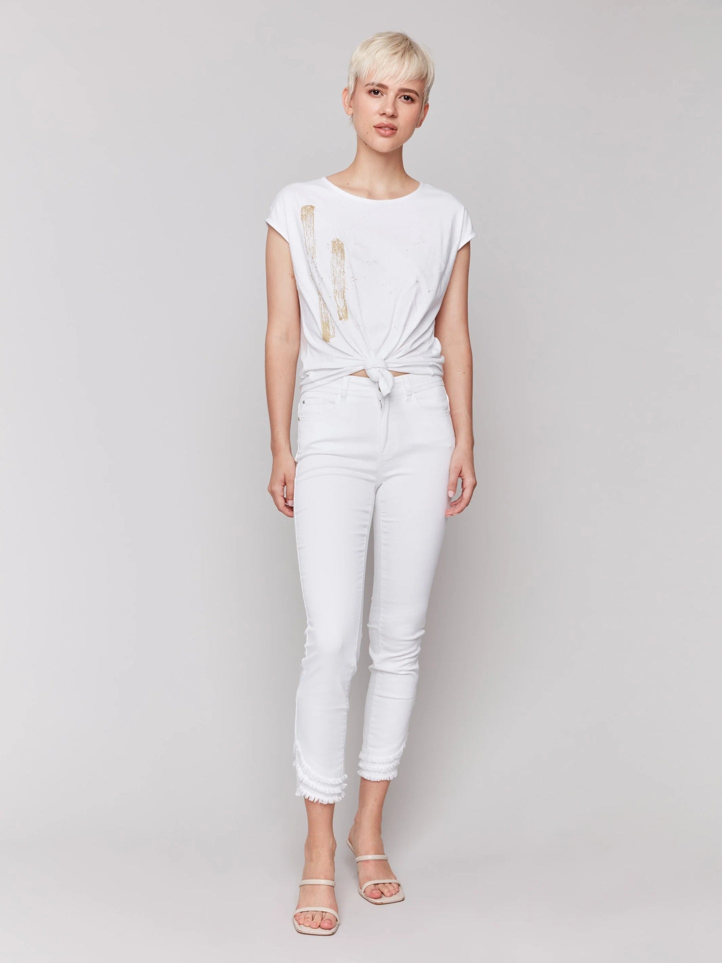 Charlie B Foil Printed Front Knot Knit Top