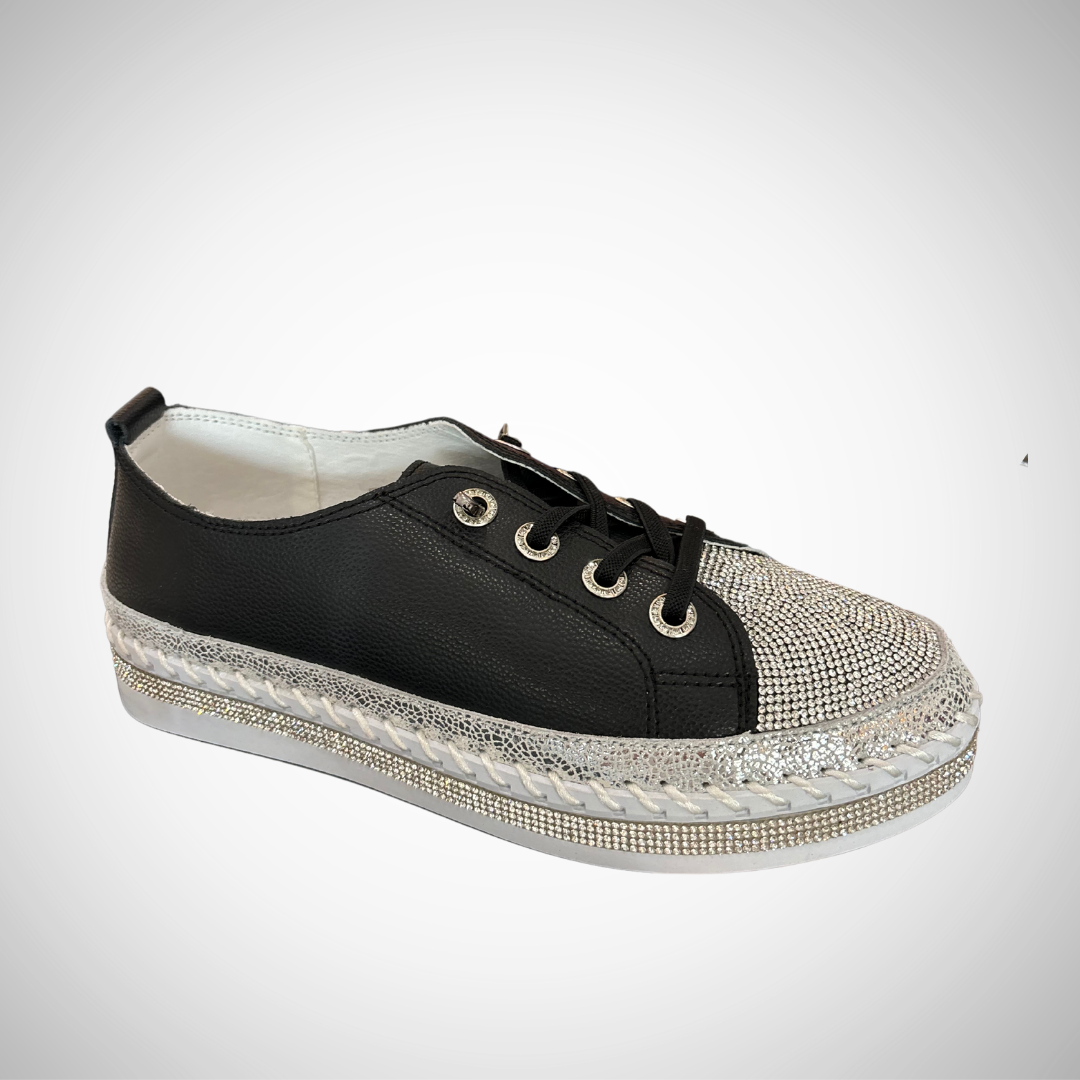 Pearls Boutique - Port Dover Ontario - Bernie Mev - Jodies Sneaker. Colour Black. Trendy and fun design Leather upper Memory foam insole for lightness and cushioning 