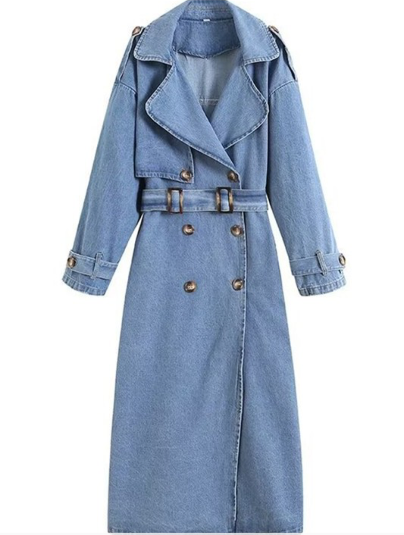 Double breasted belted denim trench coat.