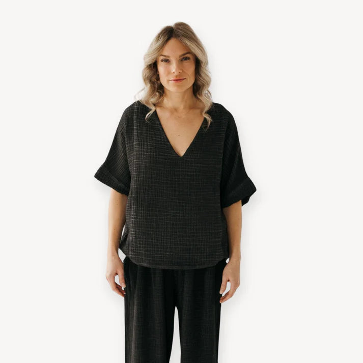 Crinkle V Neck Top