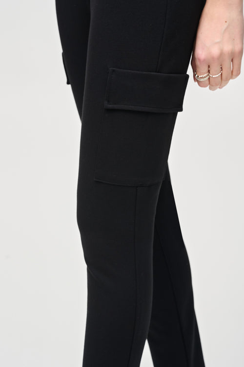 Pearls Boutique - Port Dover Ontario - Joseph Ribkoff - Cargo Leggings - Designer: Joseph Ribkoff Style: Cargo pant Fit: Flattering and chic Color: Black Material: Top-notch quality Construction: Careful and detailed Occasion: Stylish and comfortable option for the modern woman Wardrobe: Elevate your style game - Pull On - Elastic waistband, Colour Black.