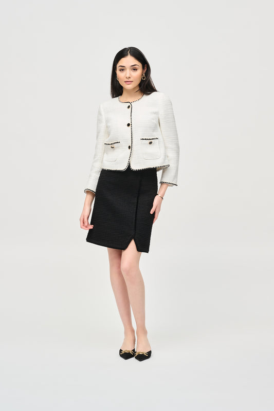 Pearls Boutique - Port Dover Ontario - Joseph Ribkoff - Bouclé Jacket With Contrast Trim 243911 - Colour Off White with black contrast piping. Designer: Joseph Ribkoff Style: Round neck jacket Pattern: Refined marled Length: Short Fit: Regular Sleeves: 3/4 length Closure: Single button Details: Impeccable buttons Occasion: Suitable for casual and semi-formal occasions Material: 95% Polyester 5% Wool Vibe: Everyday sophistication