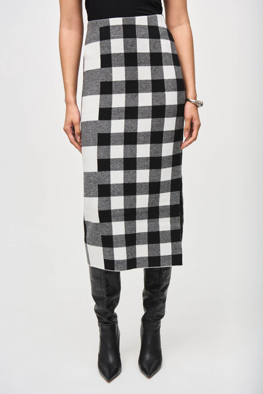 Pearls Boutique - Port Dover Ontario - Joseph Ribkoff - Plaid Jacquard Knit Skirt 243947Upgrade your wardrobe with this Joseph Ribkoff midi-length pencil skirt. It combines plaid with sophistication, featuring a high-rise waistline for a flattering silhouette and a flirty slit for added intrigue. The marled gingham design adds a touch of personality to this must-have piece, perfect for any occasion. Made from 50% Viscose Rayon, 30% Polyester, and 20% Nylon.