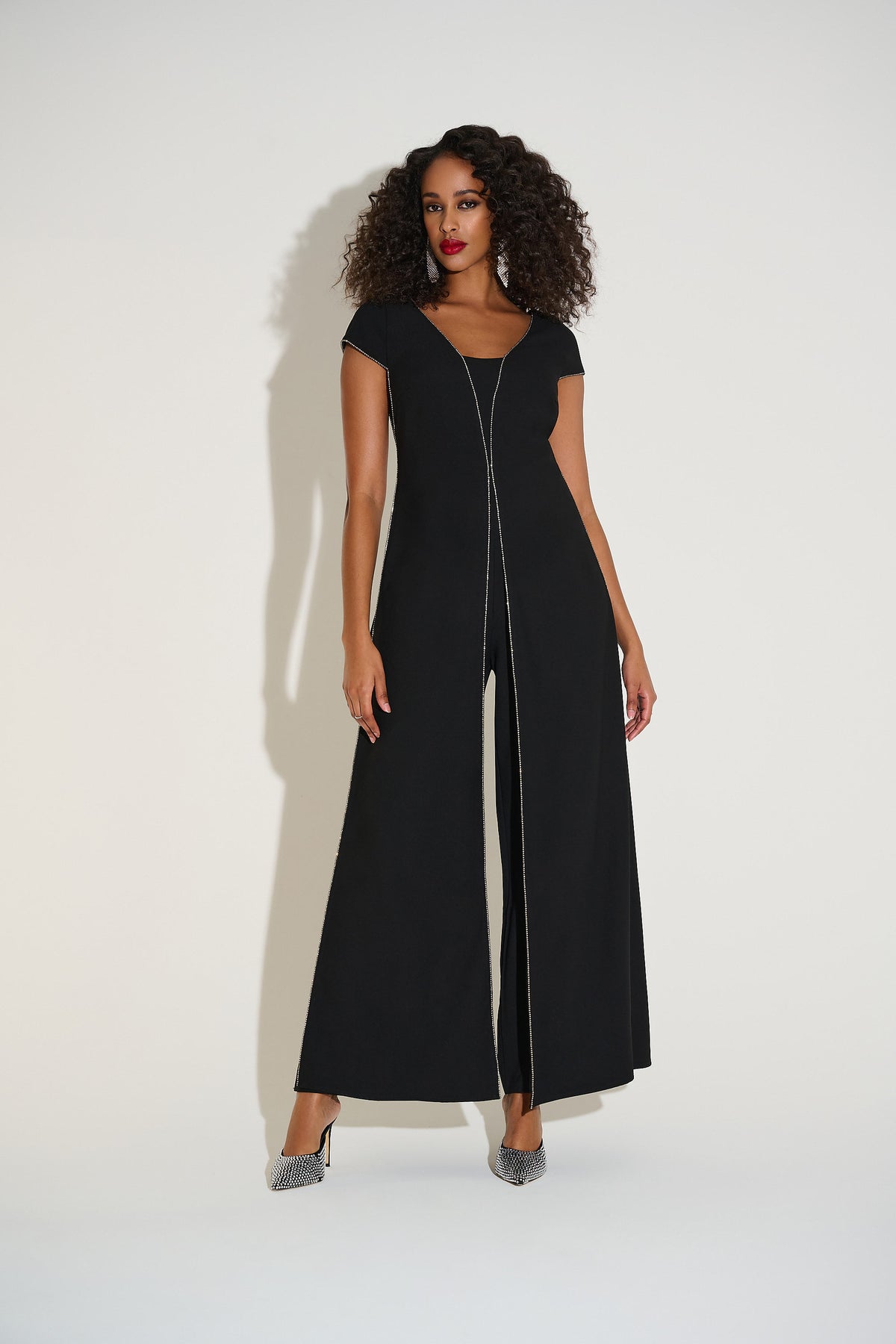 253757 Joseph Ribkoff | Woven Wide Leg Jumpsuit with Rhinestone Detail
