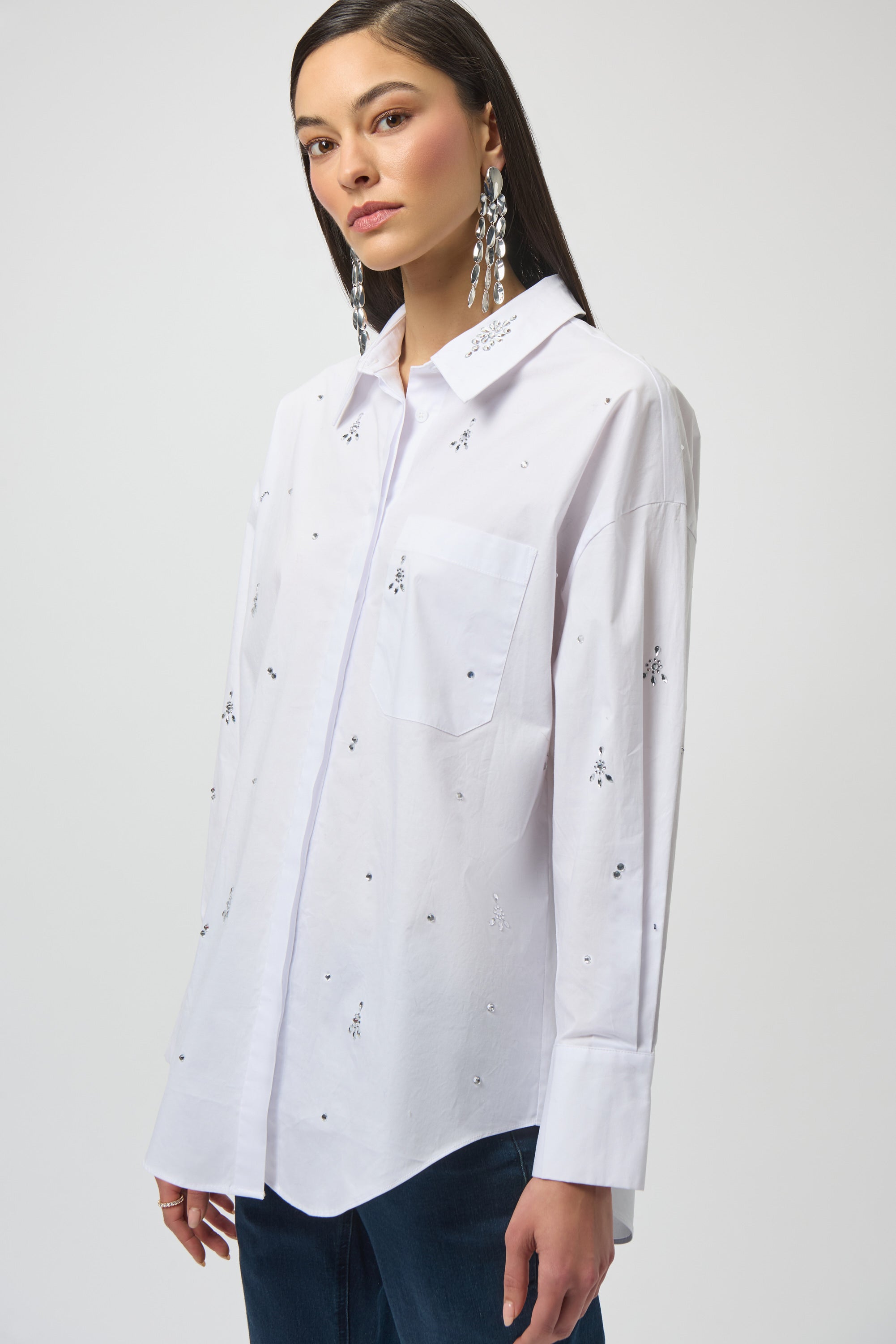 Joseph Ribkoff Stretch Poplin Boxy Blouse with Rhinestones 254924