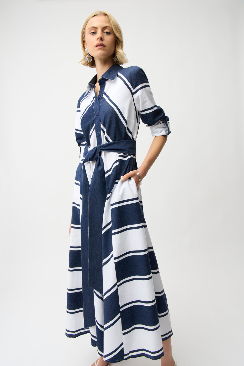 Joseph Ribkoff - Cotton Stripe Print Fit and Flare Shirt Dress with Reversible Sash 261936