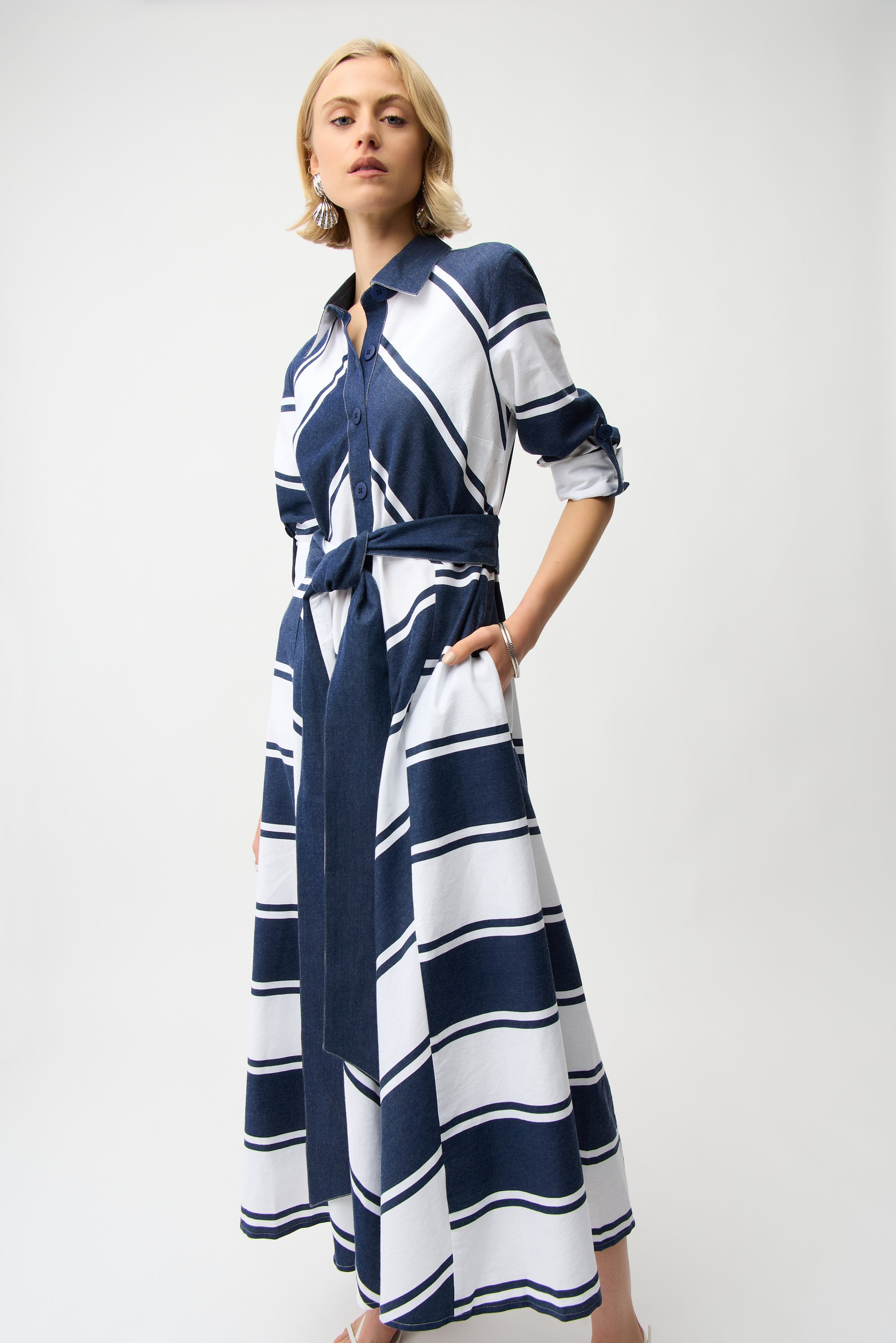 Joseph Ribkoff - Cotton Stripe Print Fit and Flare Shirt Dress with Reversible Sash 261936