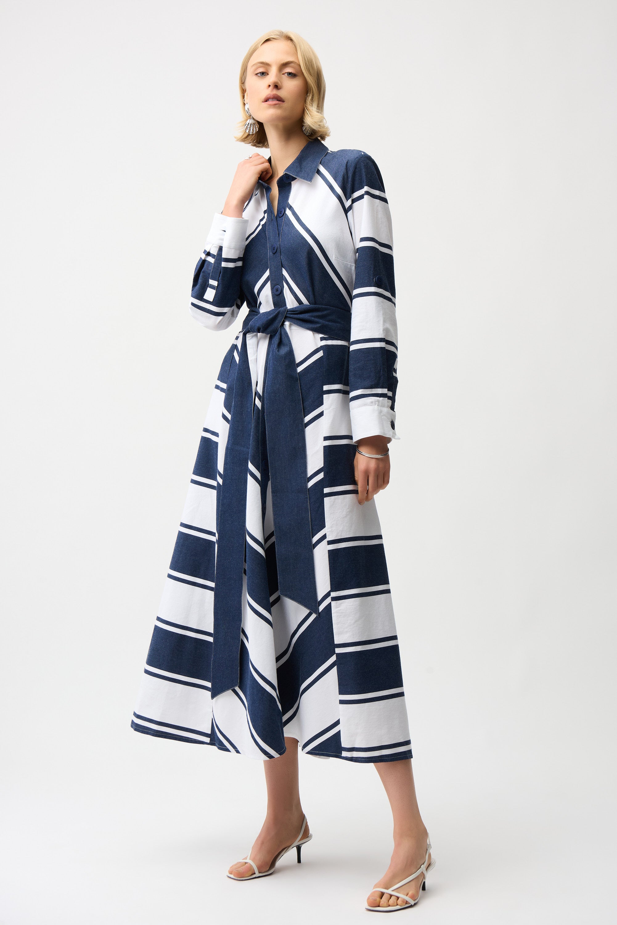 Joseph Ribkoff - Cotton Stripe Print Fit and Flare Shirt Dress with Reversible Sash 261936