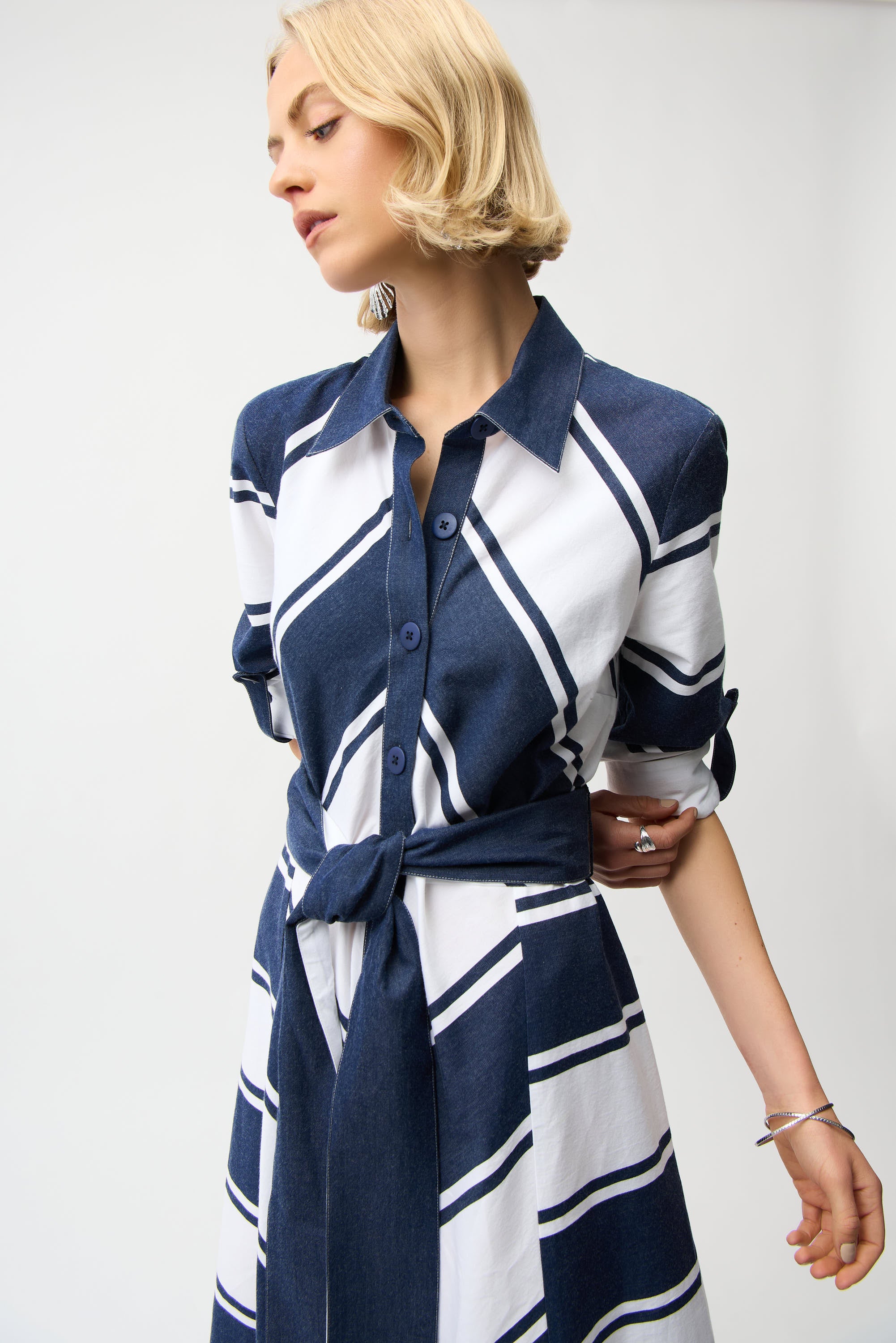 Joseph Ribkoff - Cotton Stripe Print Fit and Flare Shirt Dress with Reversible Sash 261936