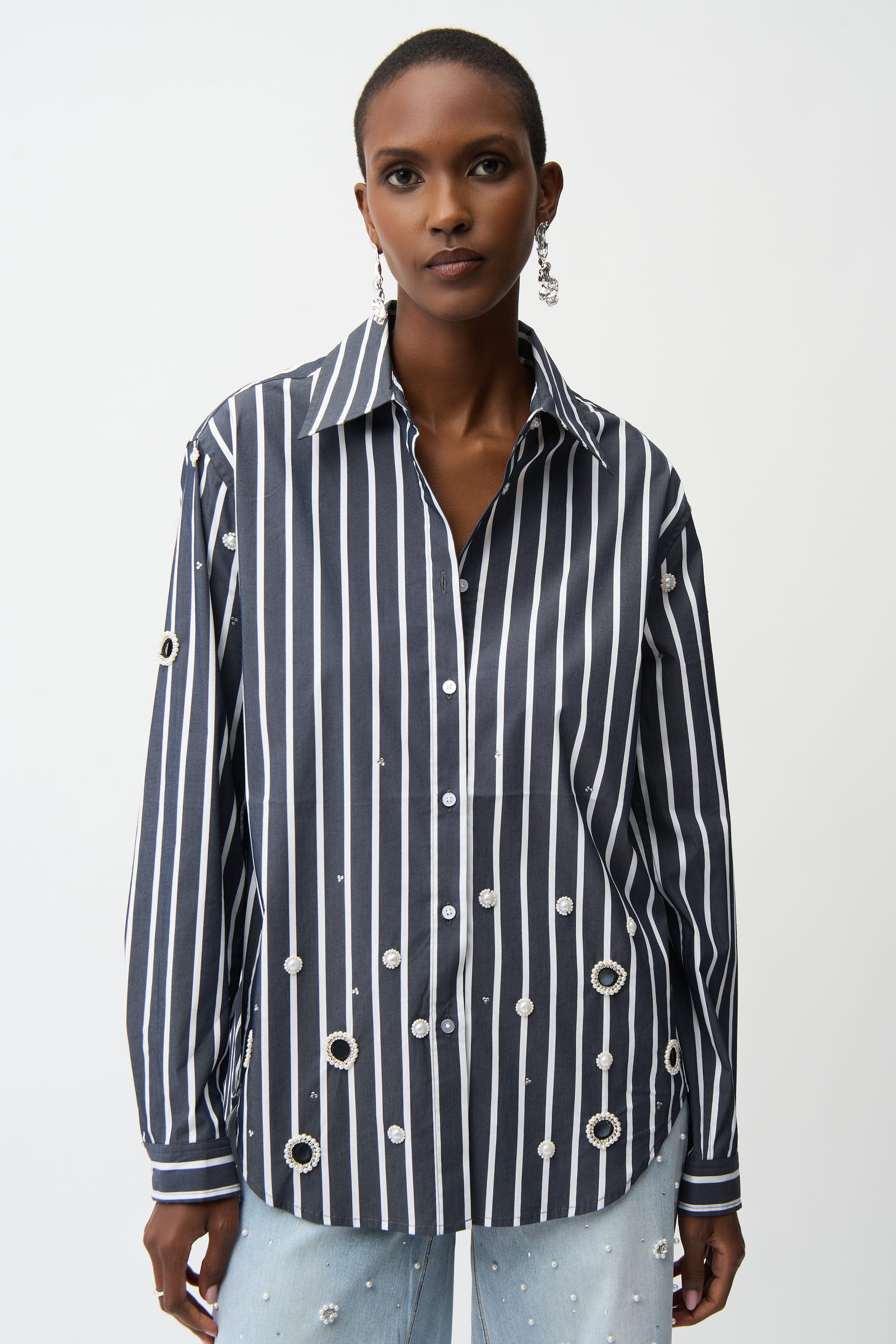 Joseph Ribkoff I 261966 I Stretch Cotton Stripe Print Boxy Blouse With Rhinestones