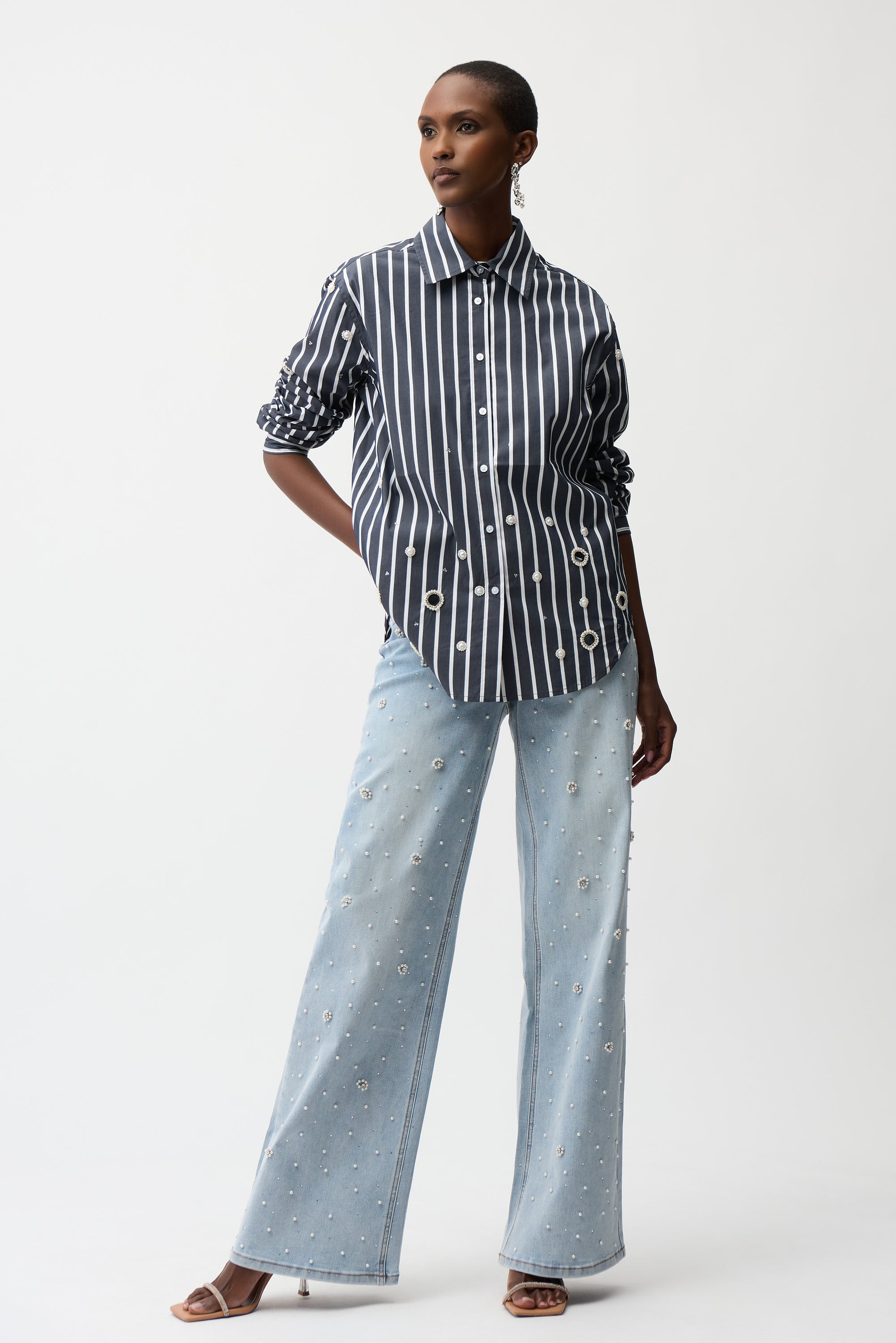 Joseph Ribkoff I 261966 I Stretch Cotton Stripe Print Boxy Blouse With Rhinestones