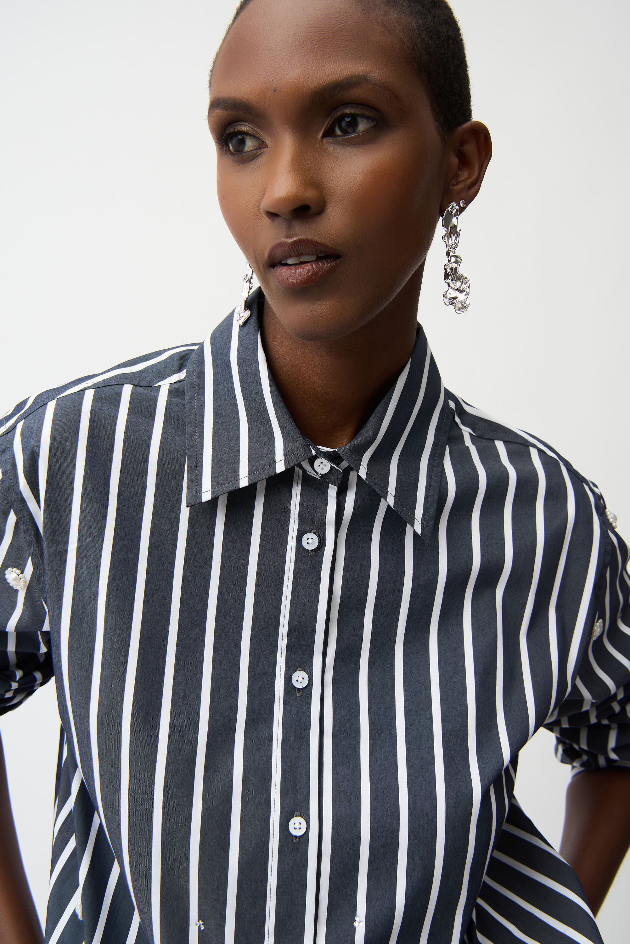Joseph Ribkoff I 261966 I Stretch Cotton Stripe Print Boxy Blouse With Rhinestones