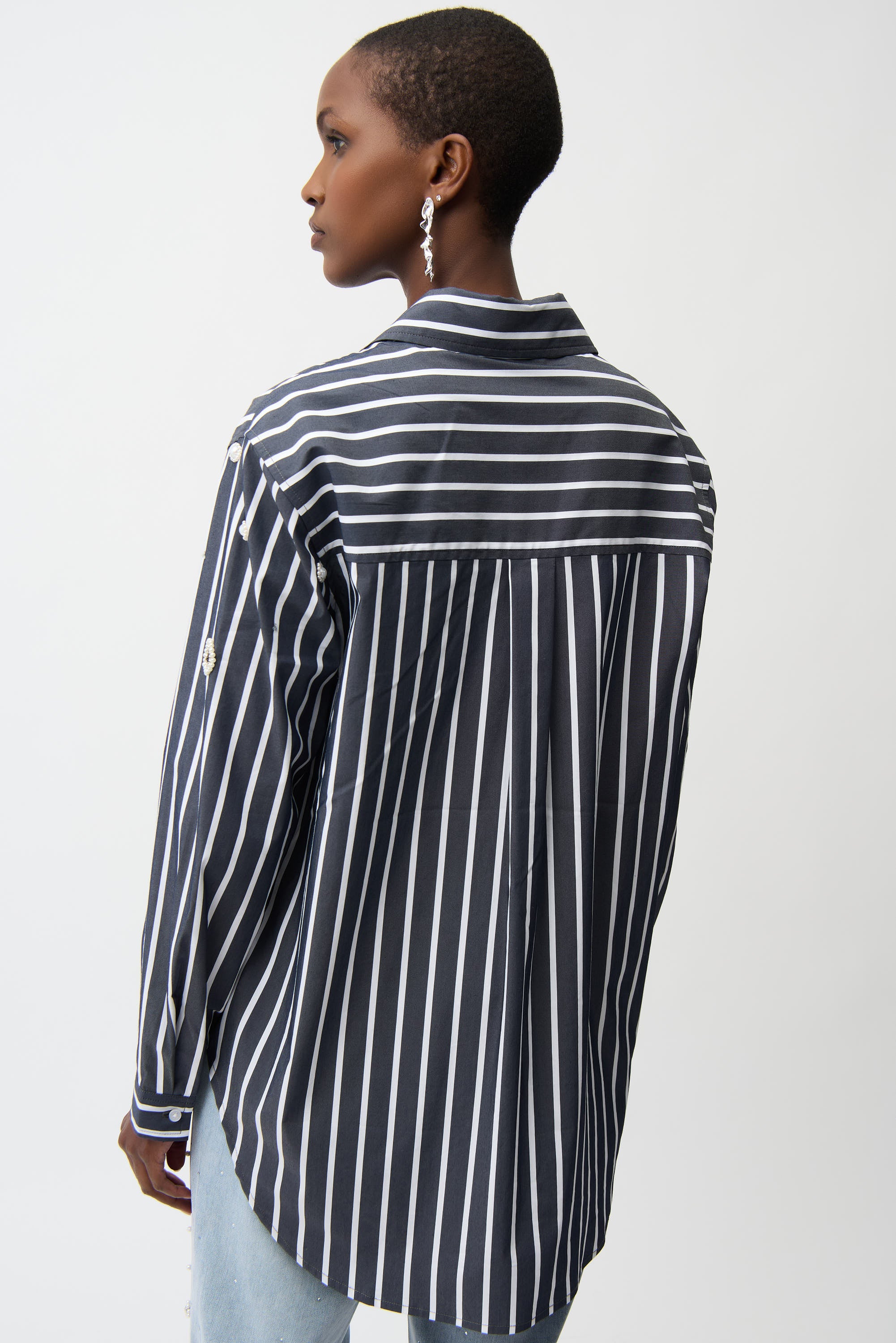 Joseph Ribkoff I 261966 I Stretch Cotton Stripe Print Boxy Blouse With Rhinestones