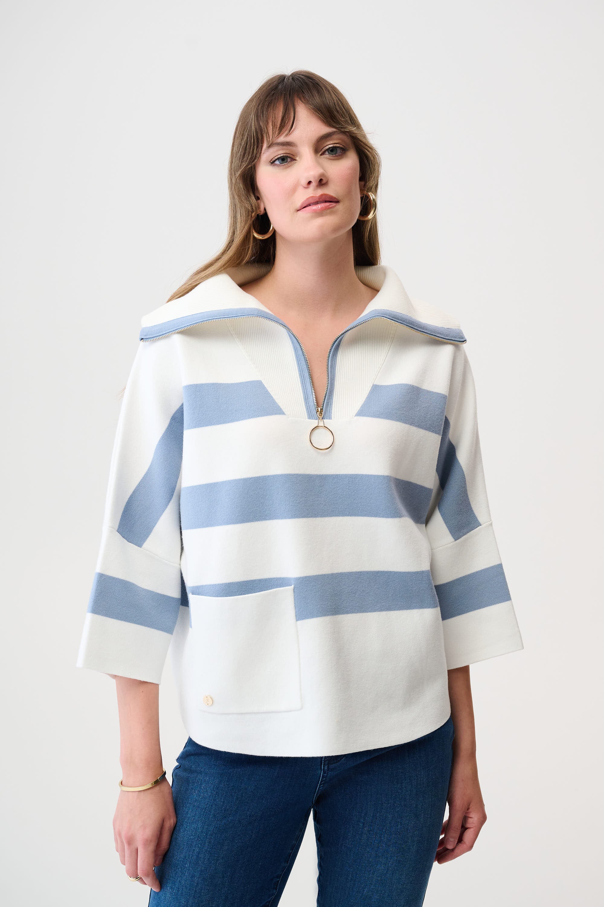 Joseph Ribkoff - Brushed Viscose Stripe Print Boxy Sweater with Zipped Collar 261983