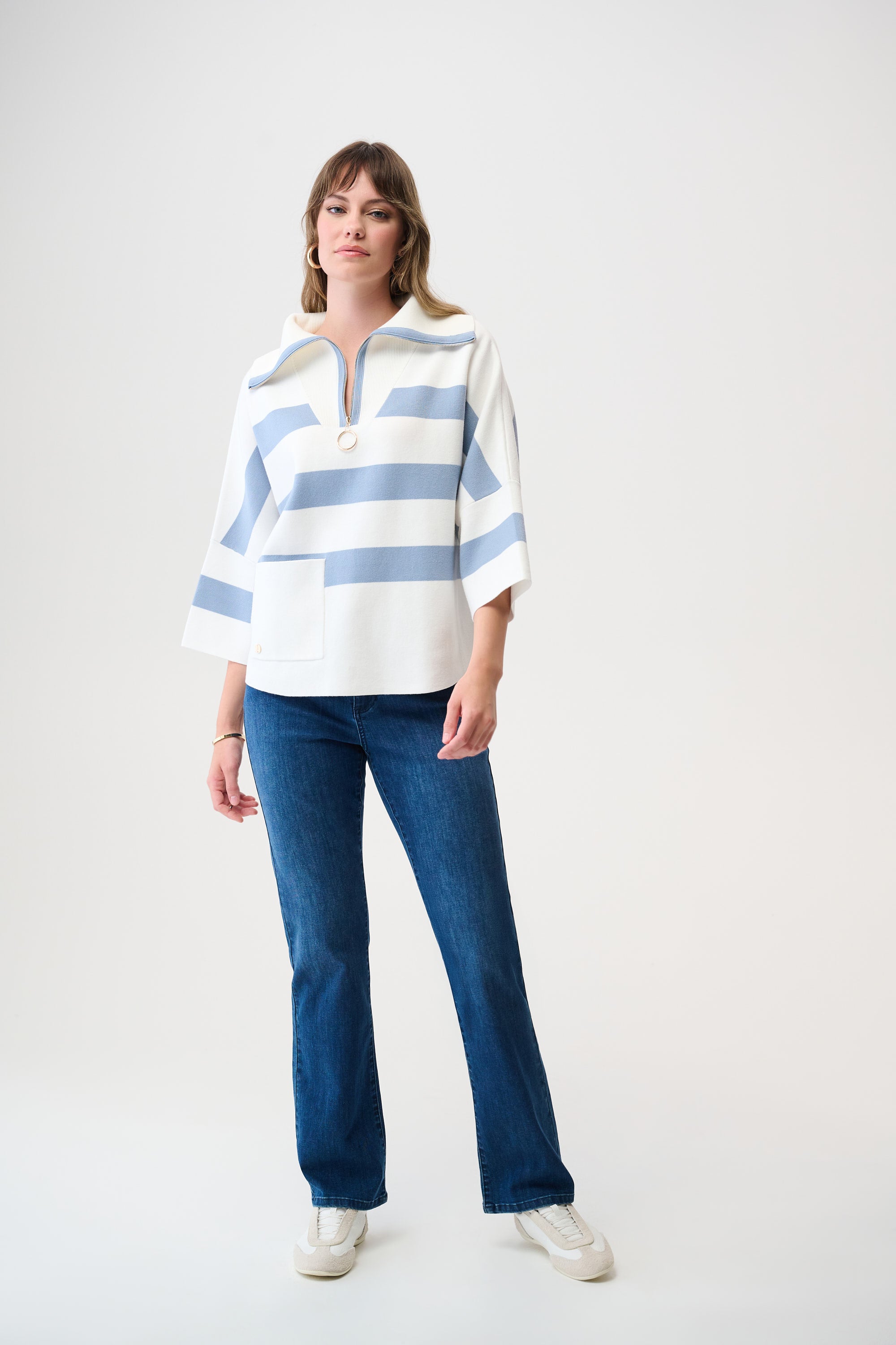 Joseph Ribkoff - Brushed Viscose Stripe Print Boxy Sweater with Zipped Collar 261983