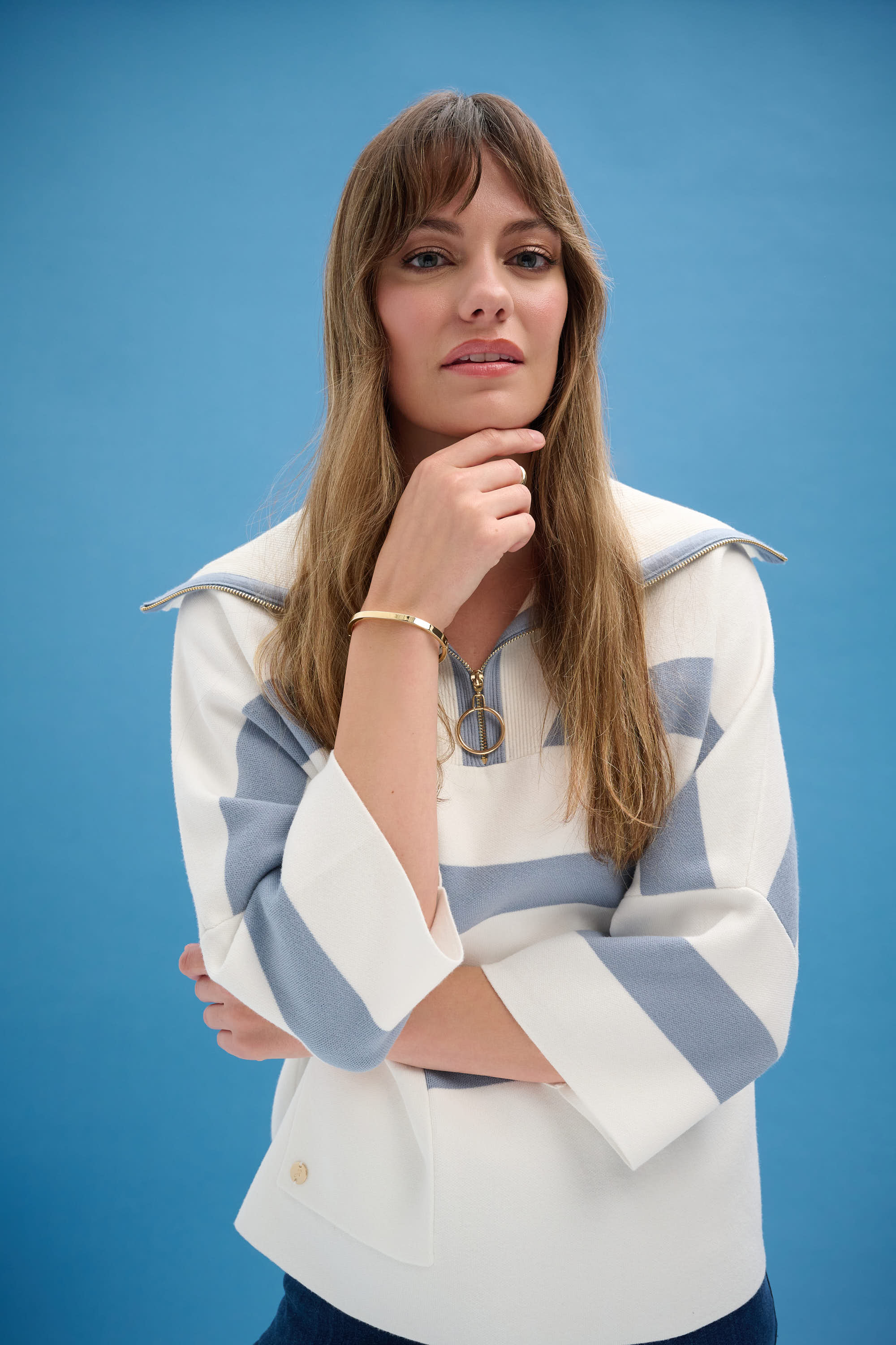 Joseph Ribkoff - Brushed Viscose Stripe Print Boxy Sweater with Zipped Collar 261983