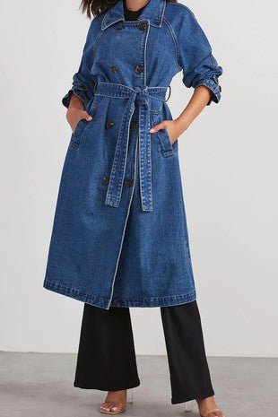 DENIM COTTON DOUBLE PATCH POCKET TRENCH COAT