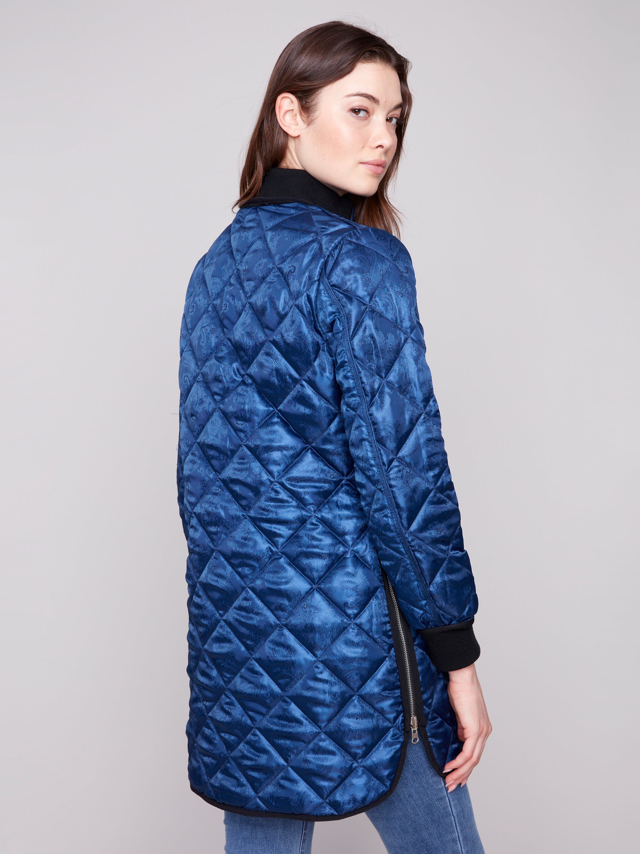 Charlie B Reversible Long Quilted Puffer Jacket - Black and Marine