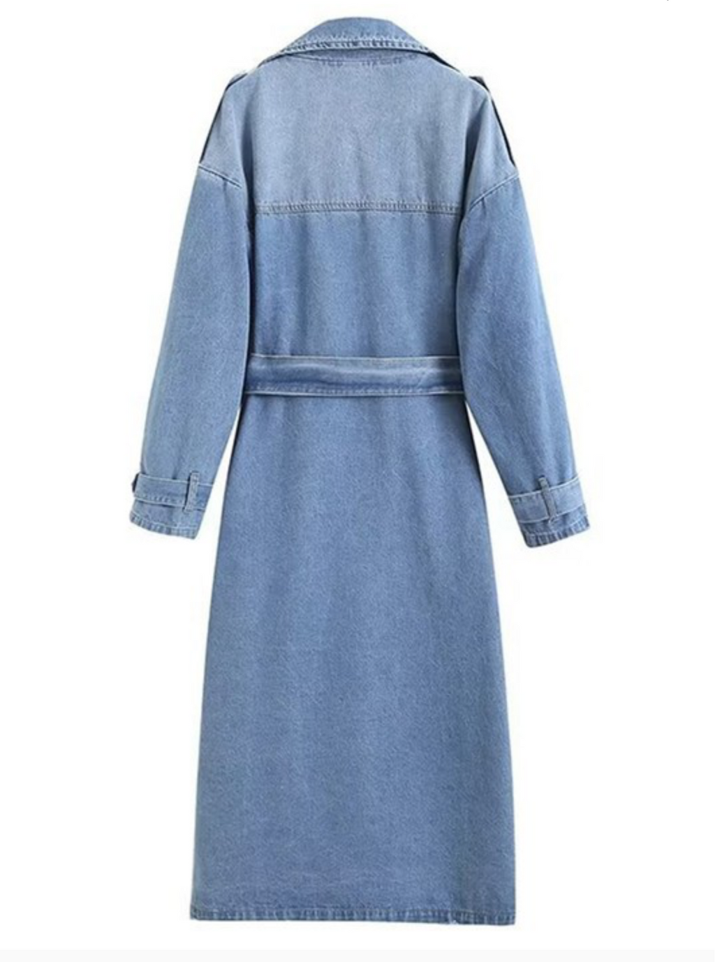 Double breasted belted denim trench coat.