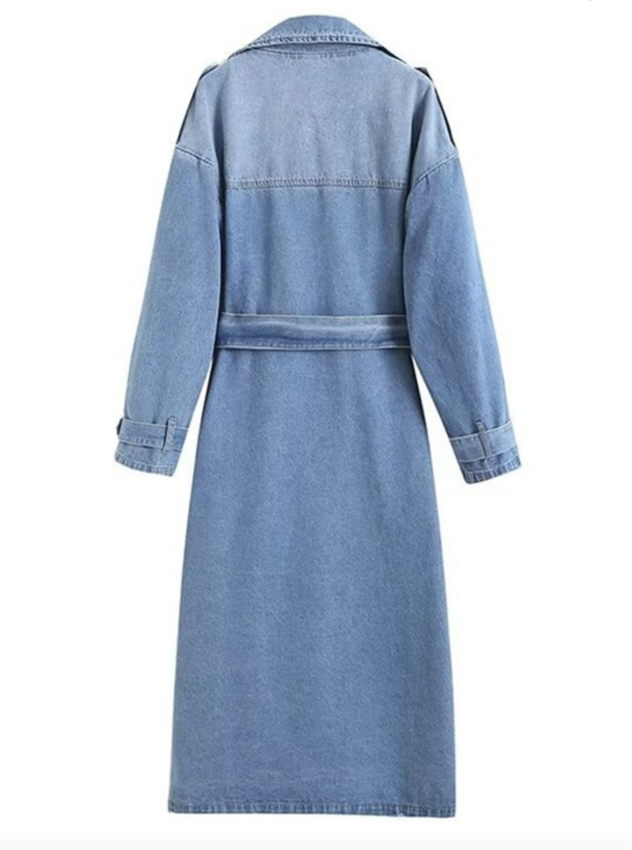 Double breasted belted denim trench coat.