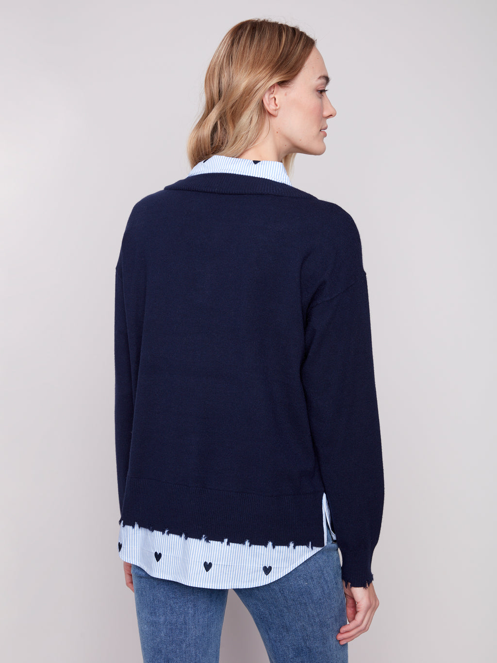 V-Neck Fooler Sweater With Embroidered Shirt Collar