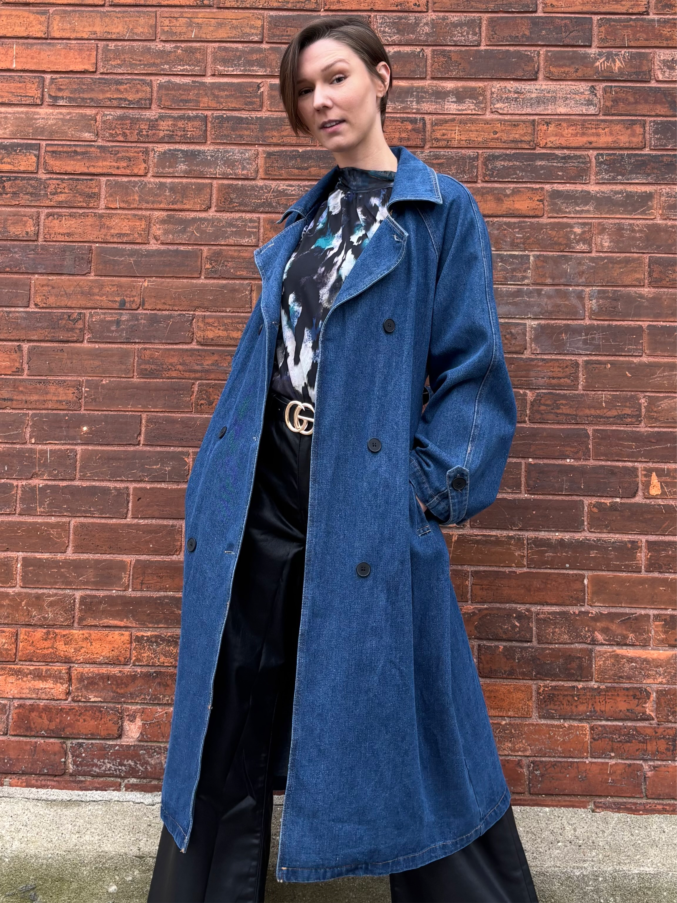 DENIM COTTON DOUBLE PATCH POCKET TRENCH COAT