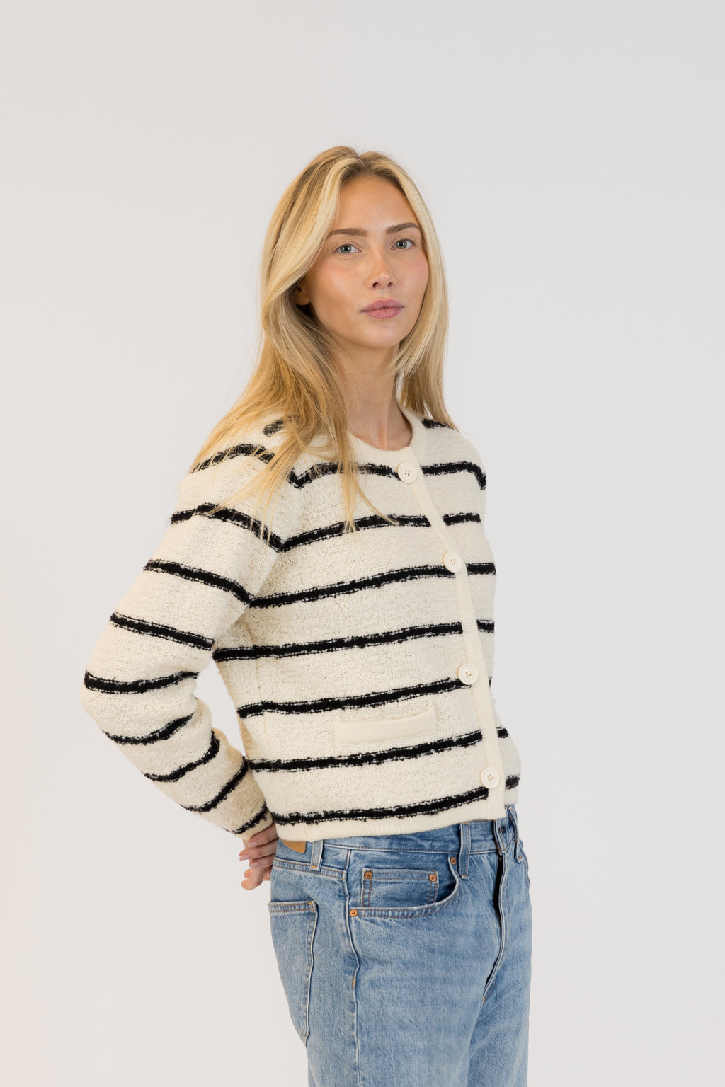 Pearls Boutique| Port Dover Ontario| Lyla + Lux | Diana Stripe Cardigan| Beige and Black stripe button front cardigan with pockets. Fitted through the shoulders, pockets, standard length. Standard fit.