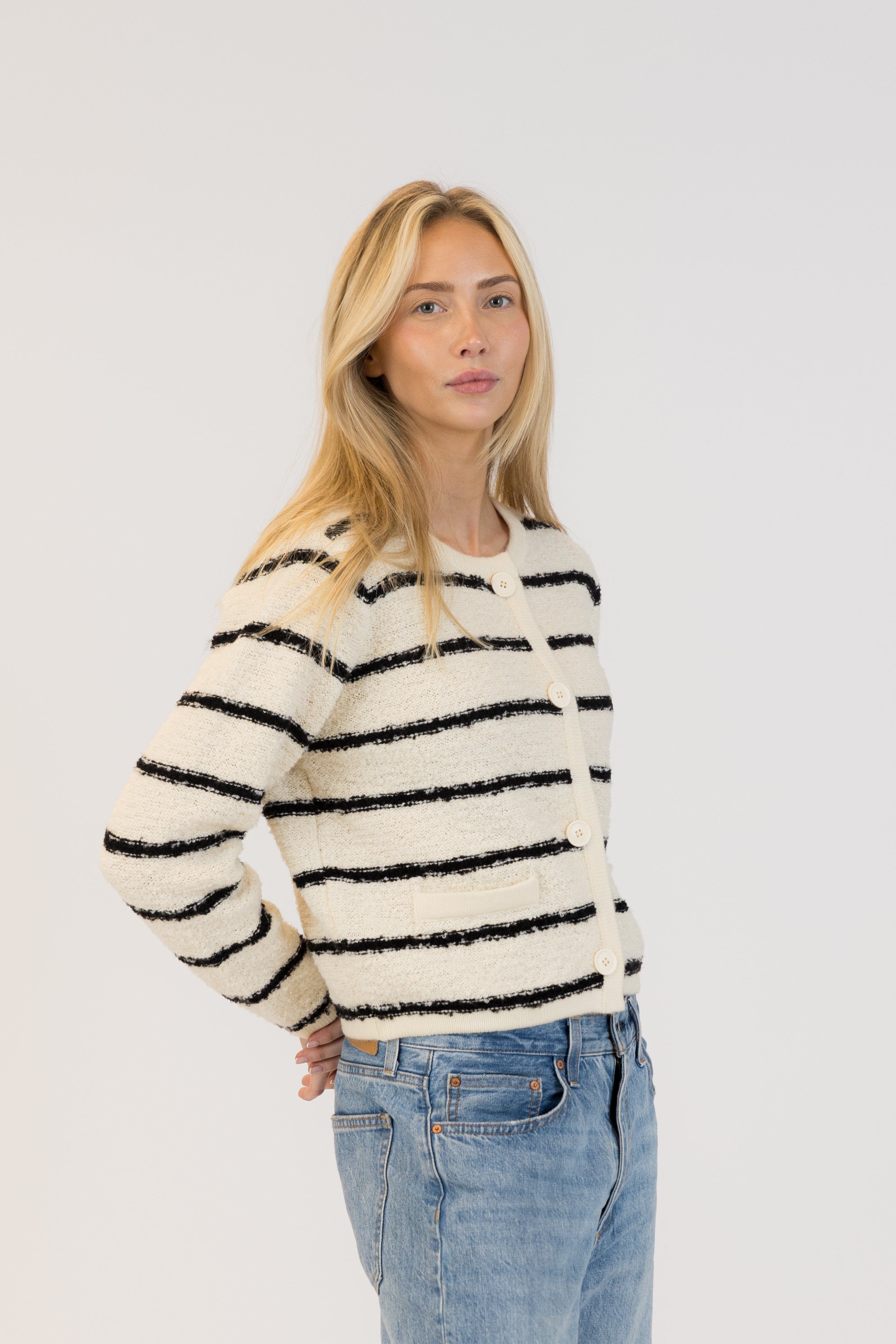 Pearls Boutique| Port Dover Ontario| Lyla + Lux | Diana Stripe Cardigan| Beige and Black stripe button front cardigan with pockets. Fitted through the shoulders, pockets, standard length. Standard fit.