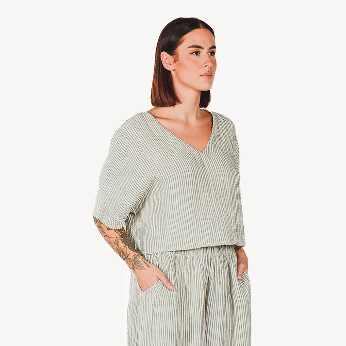 Striped Crinkle Cotton V-neck Crop Top