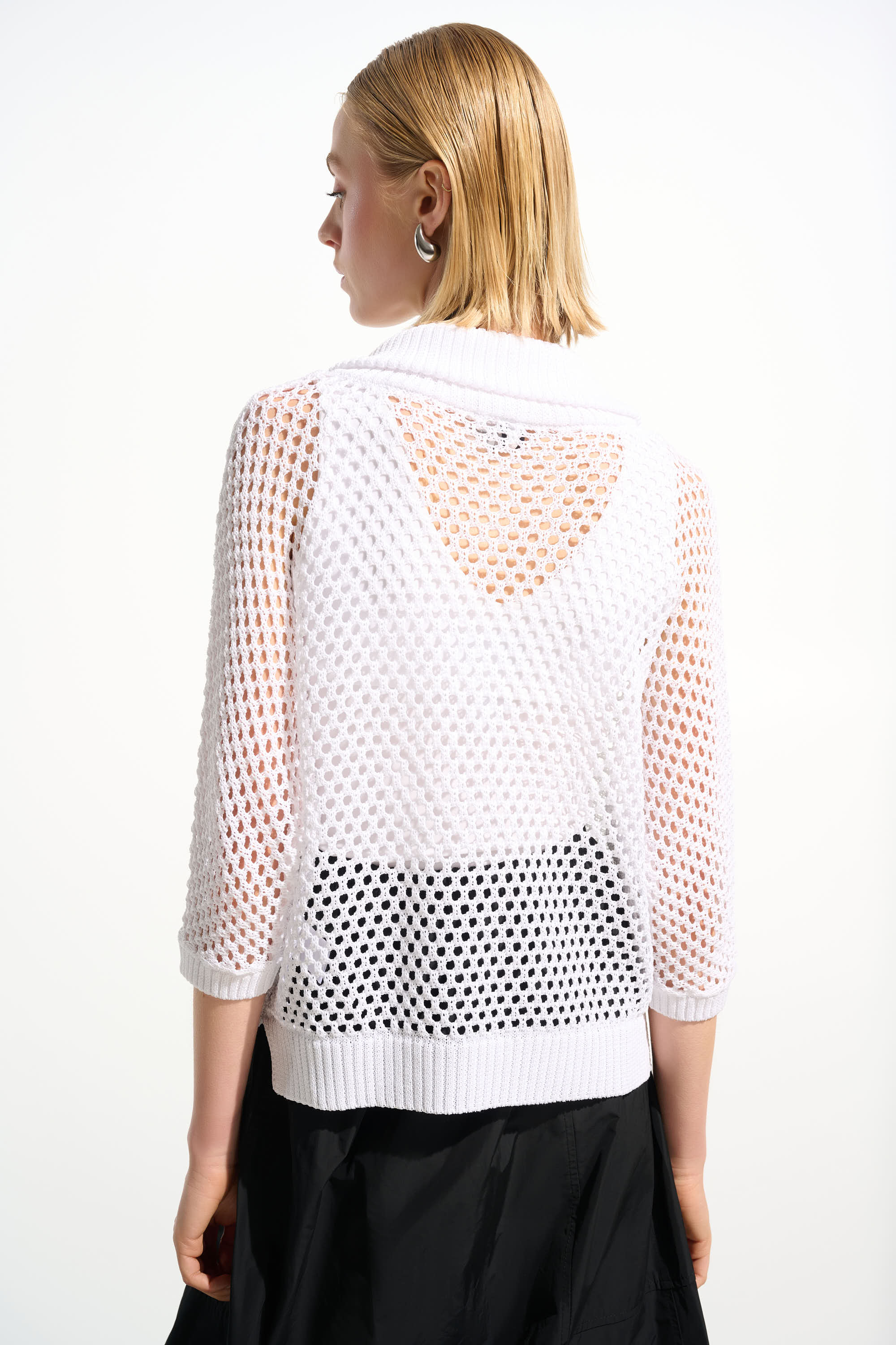 White Joseph Ribkoff mesh sweater view of back. Available in Port Dover, Ontario at PEARLS Boutique.
