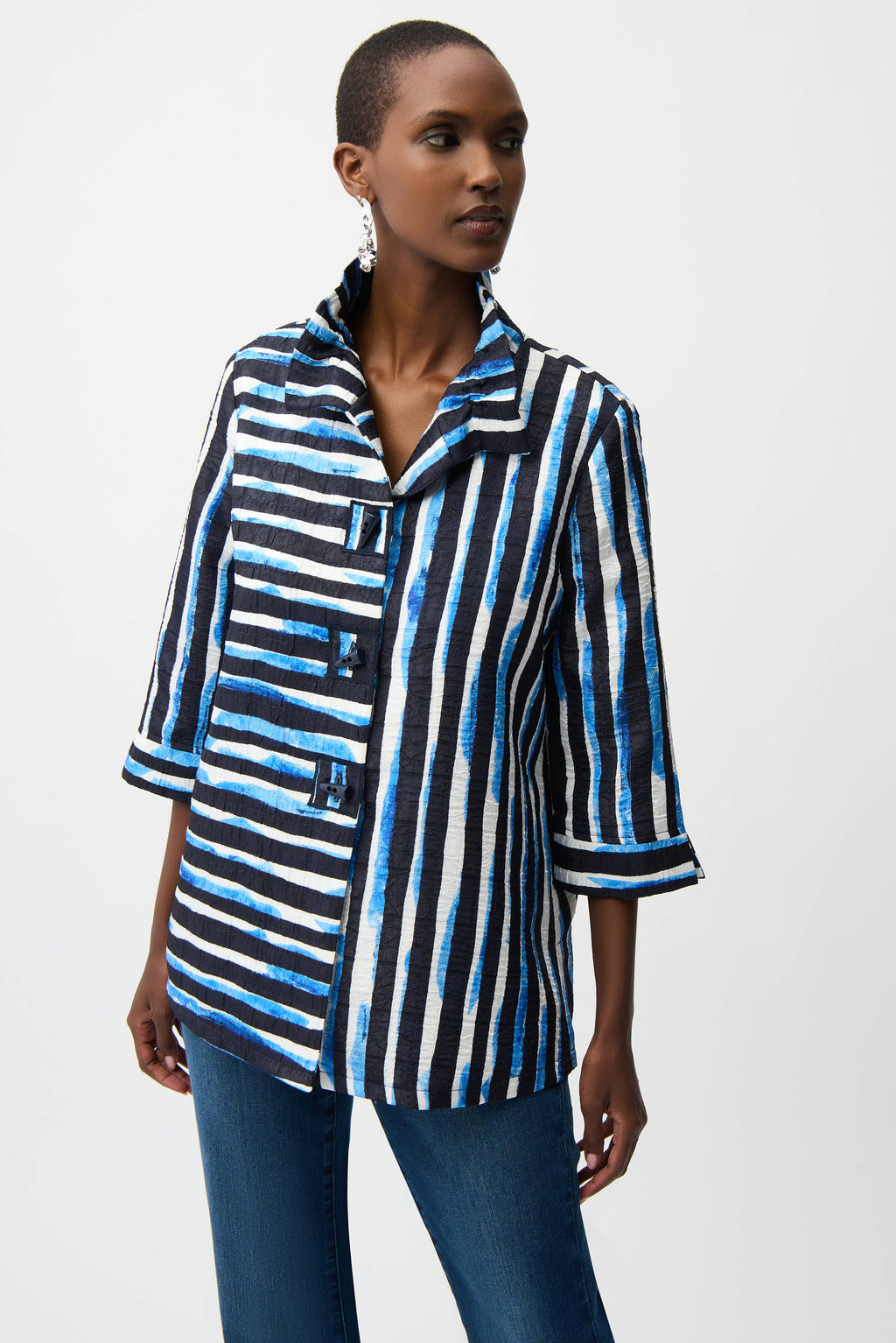 Joseph Ribkoff - Blue/Vanilla Jacquard Stripe Print Jacket With Shirred Collar 261267
