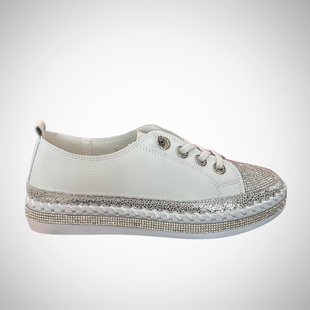 Pearls Boutique - Port Dover Ontario - Bernie Mev - Jodies Sneaker. Colour White. Trendy and fun design Leather upper Memory foam insole for lightness and cushioning Thick foam reduces shock impact and protects joints 1" heel and 0.50" platform for perfect support .