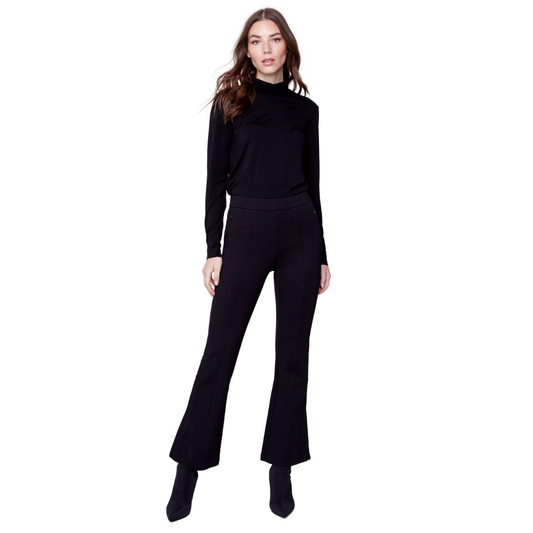 Pearls Boutique - Port Dover Ontario - CharlieB - Pull On Ponte Pant-ErinMeet Erin ,  The Perfect Pant.  A Gorgeous Black Ponte, Pull On Bootcut, With Zippered Pockets,    A Truly Versatile Pant. Perfect to Wear For Any Occasion  High Rise,  4 pocket styling.