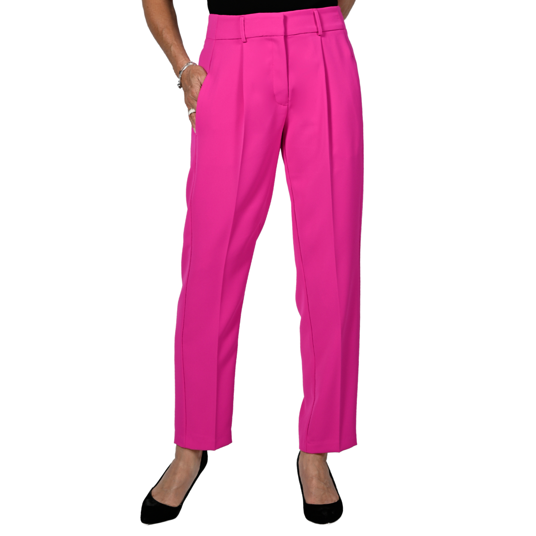 Pearls Boutique-Port Dover Ontario - Frank lyman - Neon Berry Trouser. Add playful sophistication with classic trousers Neon Berry slim-leg front pleat pants for a trendy pop of color Ideal for bold and colorful style statements Blend timeless elegance with a contemporary twist Versatile and vibrant choice for any occasion Turn heads and express your unique fashion sense at the office or on a night out.