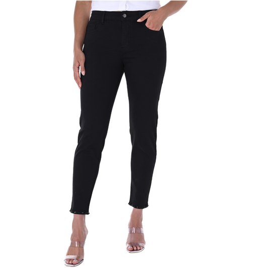 Pearls Boutique - Port Dover Ontario -  Frank Lyman Black Denim Pant Ideal for the fashion-forward woman who values whimsical details Features a straight leg, high rise, and chic fly front for a timeless silhouette Hem adorned with rhinestone detailing for a touch of sparkle Back hem boasts a playful Mickey Mouse slit detail for added fun Ankle cut for a perfect blend of sophistication and playfulness A flawless addition to your fashion repertoire.