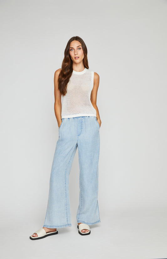 Pearls Boutique - Port Dover Ontario - Gentle Fawn - Orwell - Style  GF2404 -7319 - Light Blue.  Full length, Wide leg, Mid rise, Slash pockets, Side slits, Elasticated waistband, Faux fly 