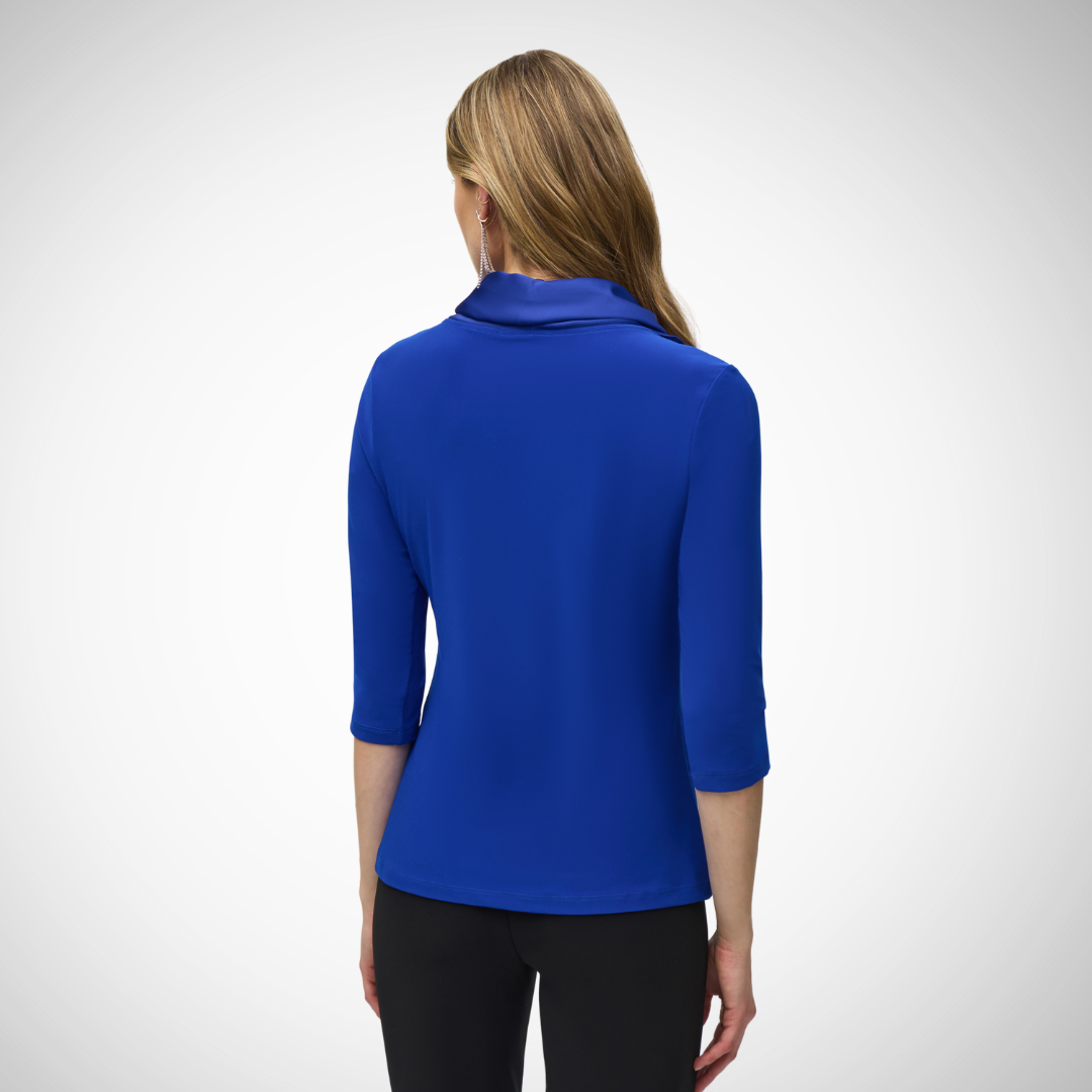 Pearls Boutique - Port Dover Ontario - Joseph Ribkoff - Cowl Neck Top - 244106 - Colour Cobalt Blue, Satin cowl neck, fitted silhouette, 3/4 length sleeves, Transform seamlessly from laid-back to polished with this multifunctional cowl neck top! Suitable for all seasons, its&nbsp; comfortable material and crisp design provide both ease and effortless charm. Pair it with blazers or waistcoats for a trendy autumn and winter ensemble. 96% Polyester, 4% Spandex