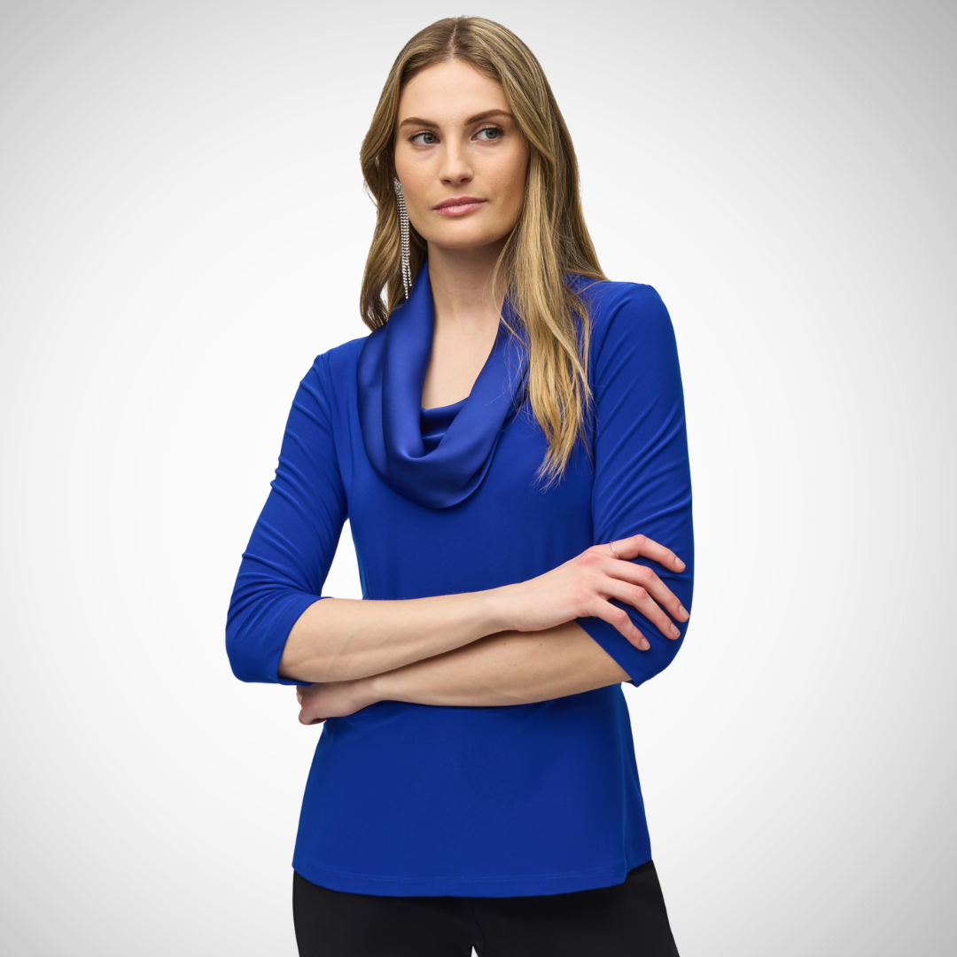 Pearls Boutique - Port Dover Ontario - Joseph Ribkoff - Cowl Neck Top - 244106 - Colour Cobalt Blue, Satin cowl neck, fitted silhouette, 3/4 length sleeves, Transform seamlessly from laid-back to polished with this multifunctional cowl neck top! Suitable for all seasons, its&nbsp; comfortable material and crisp design provide both ease and effortless charm. Pair it with blazers or waistcoats for a trendy autumn and winter ensemble. 96% Polyester, 4% Spandex