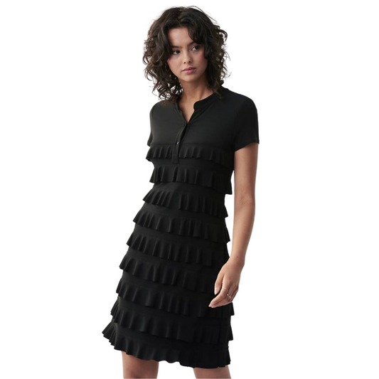 Pearls Boutique - Port Dover Ontario - Joseph Ribkoff - 211350 Dress. Little Black Dress.the "Frill Of It Dress." It effortlessly marries sophistication and fun with its collared neckline, 3/4 button-down front, and charming short sleeves. The standout feature: a graceful cascade of ruffles from bust to knees, evoking the charm of Spanish dresses and adding pleasing volume. Crafted from a cozy blend of 96% Polyester and 4% Spandex, it's a travel essential – no ironing needed.