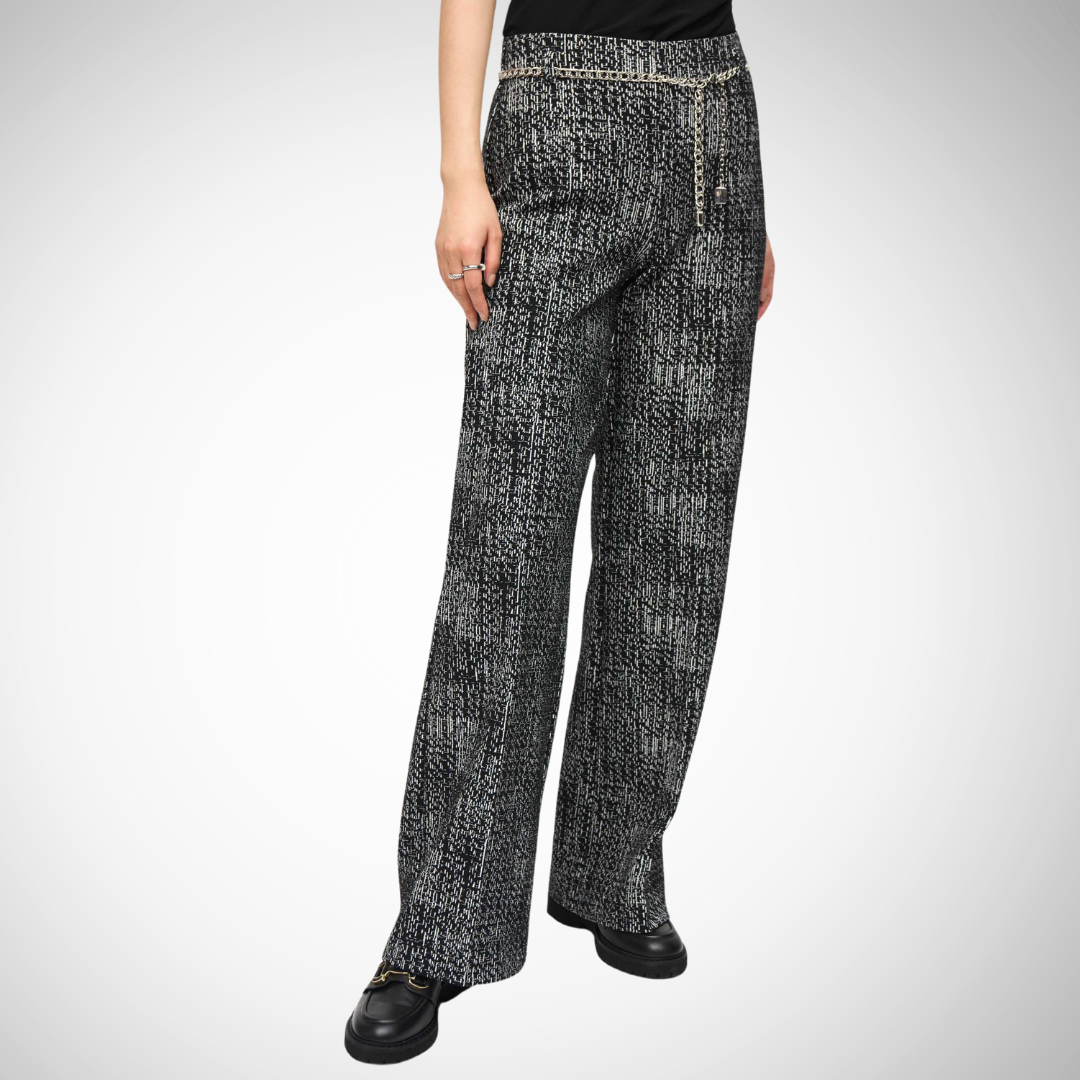 Pearls Boutique - Port Dover Ontario - Joseph Ribkoff - High Rise Abstract Pull On Pant . Black with grey abstract print. Elevate your wardrobe with Joseph Ribkoff Abstract Trousers High-rise, pull-on design Straight fit and full-length Abstract pattern merging business style with edgy flair Perfect for semi-formal events or special nights out Crafted from: 72% polyester, 24% cotton, 4% spandex No pockets or zipper for a sleek, streamlined look