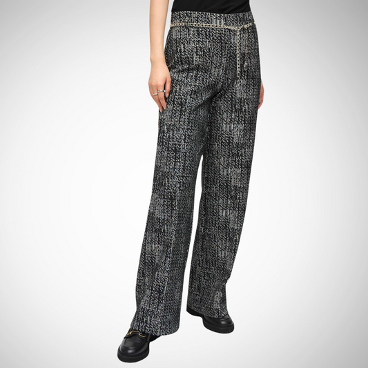 Pearls Boutique - Port Dover Ontario - Joseph Ribkoff - High Rise Abstract Pull On Pant . Black with grey abstract print. Elevate your wardrobe with Joseph Ribkoff Abstract Trousers High-rise, pull-on design Straight fit and full-length Abstract pattern merging business style with edgy flair Perfect for semi-formal events or special nights out Crafted from: 72% polyester, 24% cotton, 4% spandex No pockets or zipper for a sleek, streamlined look