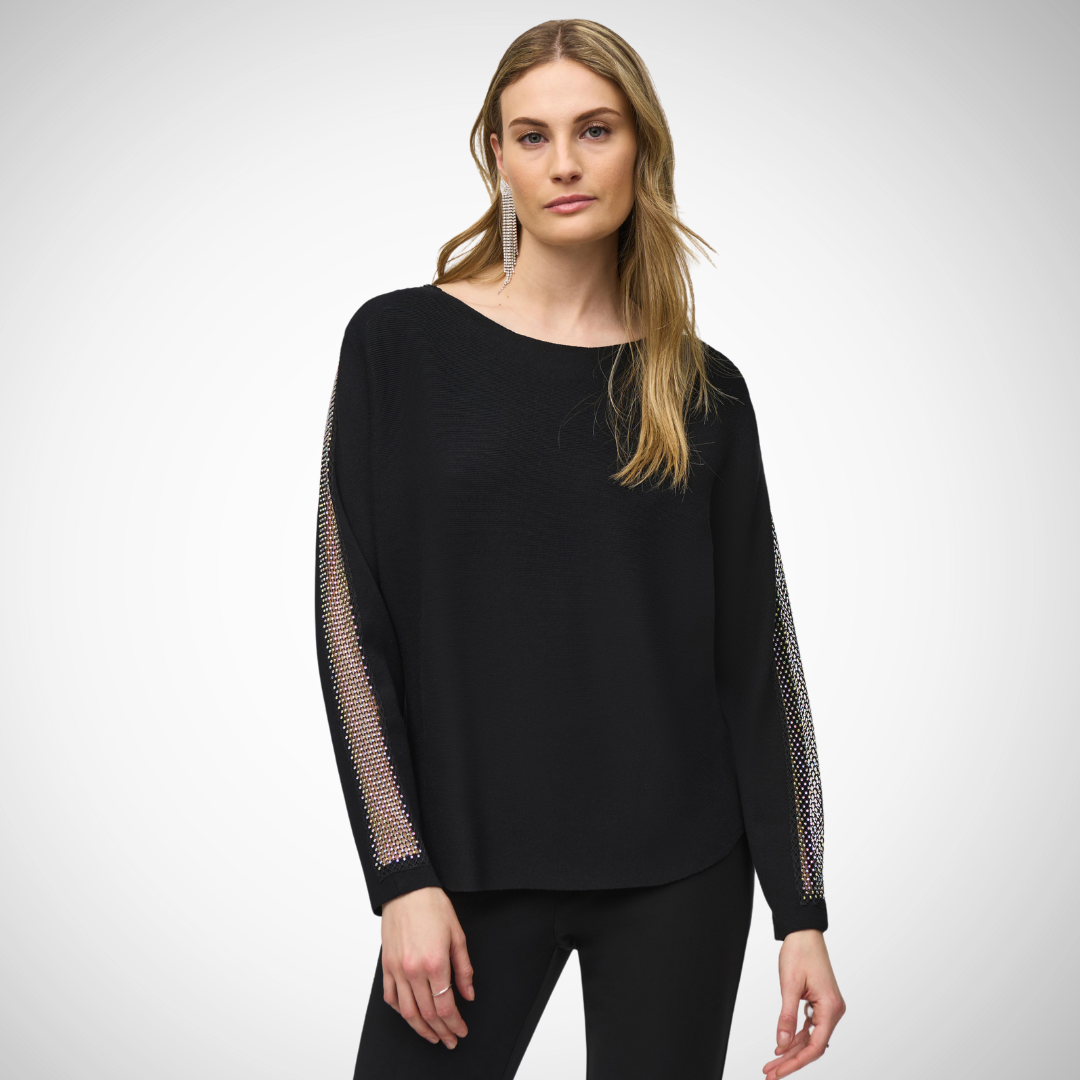 Pearls Boutique - Port Dover Ontario - Joseph Ribkoff - Mesh Pullover - Colour Black. Arms Have Rhinestone Mesh Detail.  Stay stylish with the Mesh Detail Pullover Perfect for any event: casual or night out Mesh accents and dolman sleeves for sophistication Crew neck top that blends charm and coziness Material: 72% viscose rayon, 28% polyester Ultimate fashion-meets-comfort experience Comfy chic!