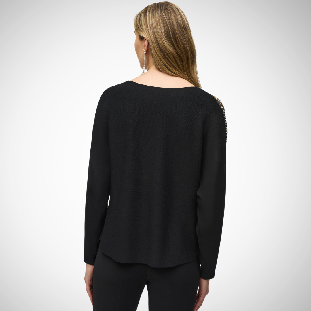 Pearls Boutique - Port Dover Ontario - Joseph Ribkoff - Mesh Pullover - Colour Black. Arms Have Rhinestone Mesh Detail. Stay stylish with the Mesh Detail Pullover Perfect for any event: casual or night out Mesh accents and dolman sleeves for sophistication Crew neck top that blends charm and coziness Material: 72% viscose rayon, 28% polyester Ultimate fashion-meets-comfort experience Comfy chic!